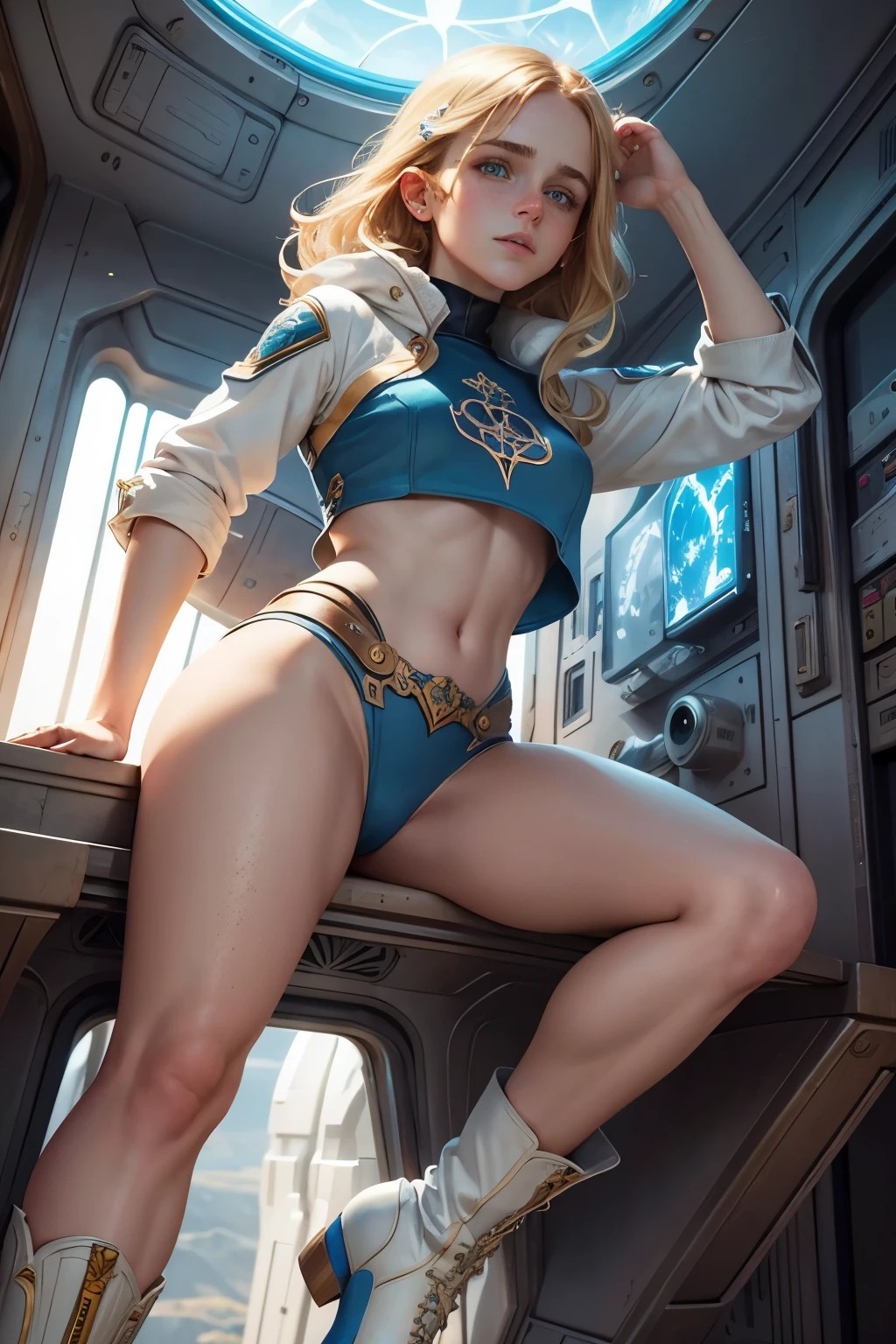 vivid art nouveau painting. crystal clear image. A beautiful  emma watson. blonde, blue eyes, freckles. crop top, boots. She is in a spaceship. Sci-fi. from above.