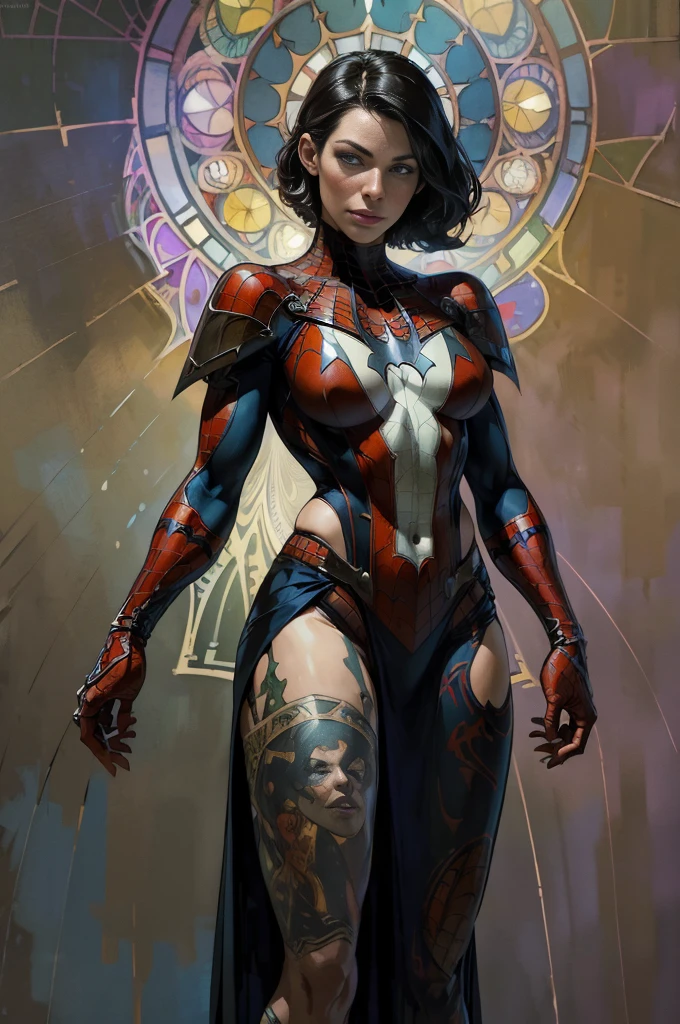 Evangeline Lilly、Sticking out the navel、newyork、She wears a torn Spider-Man suit,wearing a skirt、abstract photorealistic、artistic、Alphonse Mucha's painting(masterpiece、highest quality、High resolution:1.4)、detailed、複雑なdetailed、In 4K、color splash、line drawing、fibonacci、