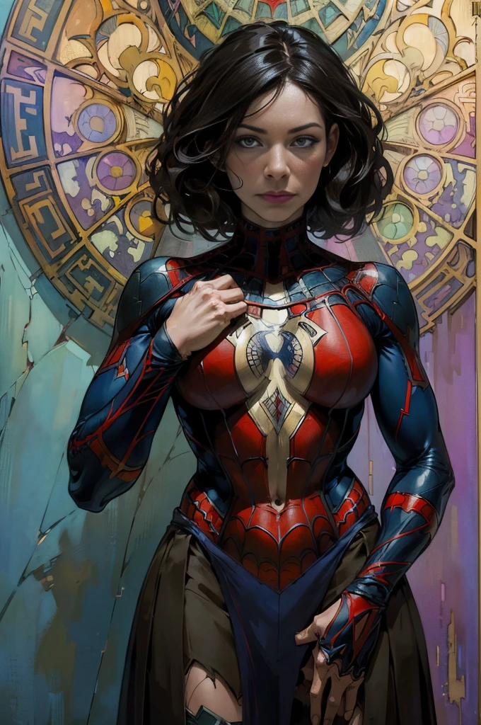 Evangeline Lilly、Sticking out the navel、newyork、She wears a torn Spider-Man suit,wearing a skirt、abstract photorealistic、artistic、Alphonse Mucha's painting(masterpiece、highest quality、High resolution:1.4)、detailed、複雑なdetailed、In 4K、color splash、line drawing、fibonacci、