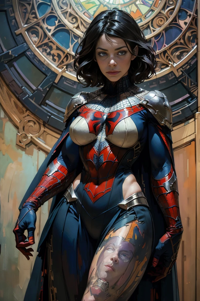 Evangeline Lilly、Sticking out the navel、newyork、She wears a torn Spider-Man suit,wearing a skirt、abstract photorealistic、artistic、Alphonse Mucha's painting(masterpiece、highest quality、High resolution:1.4)、detailed、複雑なdetailed、In 4K、color splash、line drawing、fibonacci、