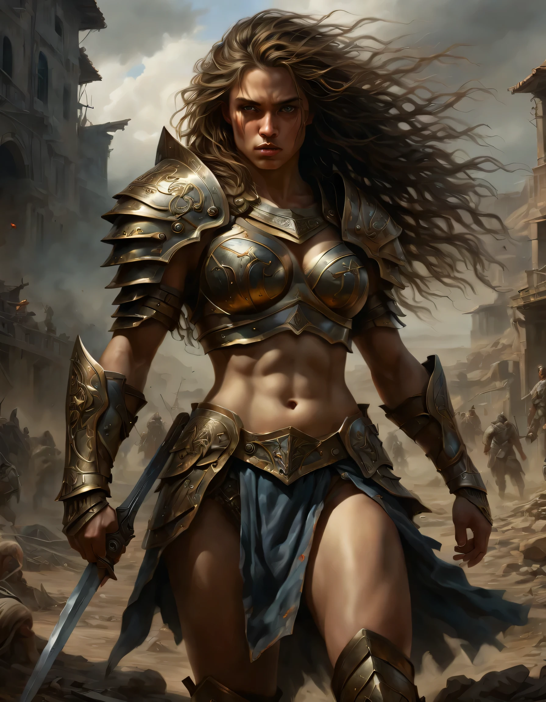 (melhor qualidade, high resolution, ultra-detalhado, realista:1.37), dynamic lighting, oil painting, Guerreiro, olhar intenso, strong and defined characteristics, cabelo solto, postura poderosa e confiante, dramatic shadows, cores vibrantes, complex armor with metallic details, epic battle scene, post apocalyptic landscape, atmosfera assustadora, arte de fantasia, abelos cumprido ou curto, Face da Brava, reino sombrio, pose sexy, fantastic landscape, fantasia adulta