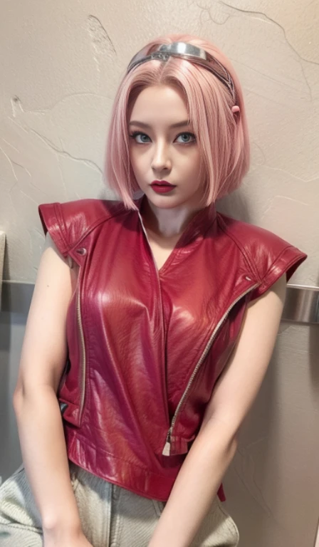 young woman, white skin, short pink hair, wide forehead, big emerald green eyes, buttoned nose, red lips, red clothes, Sakura Haruno, realism, 3d