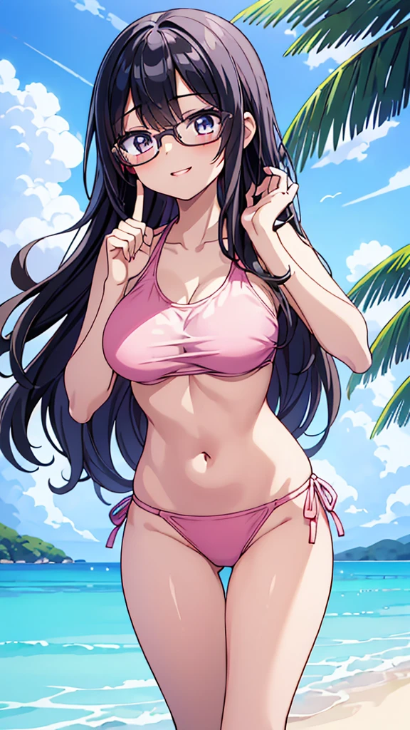 Masterpiece, top quality, ultra-fine, anime, illustration of a beautiful low teenage girl with long straight black hair and glasses smiling innocently with a faint pink bikini swimsuit wetly showing through from under a pure white T-shirt, winking and holding one raised index finger in front of her lips as a gesture of secrecy, sandy beach in the background