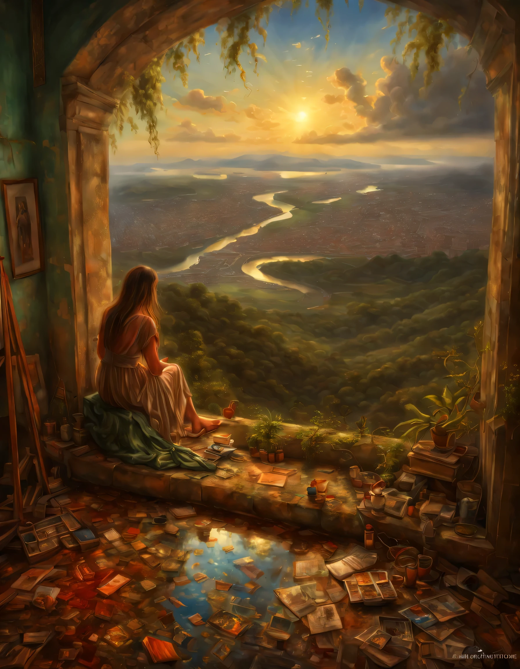 (melhor qualidade, HDR, high resolution, realista:1.37), pintura detalhada, artistas conceituais, poetic, majestoso, Sereno, cores elegantes, soft lighting, peaceful atmosphere, pinceladas sutis, movimento gracioso, Piso inundado, teto de vidro, Miradouro no andar de cima com parapeito, trees, videiras,