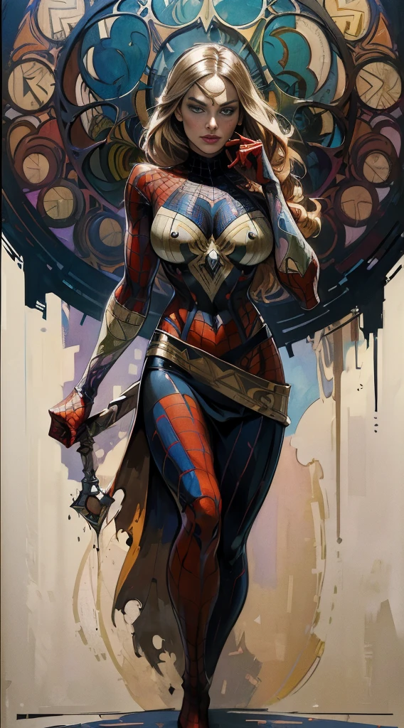margot robbie、Sticking out the navel、newyork、She wears a torn Spider-Man suit,wearing a skirt、abstract photorealistic、artistic、Alphonse Mucha's painting(masterpiece、highest quality、High resolution:1.4)、detailed、複雑なdetailed、In 4K、color splash、line drawing、fibonacci、