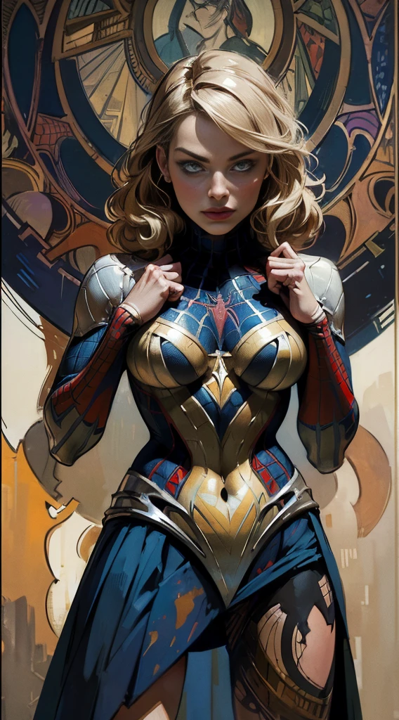 margot robbie、Sticking out the navel、newyork、She wears a torn Spider-Man suit,wearing a skirt、abstract photorealistic、artistic、Alphonse Mucha's painting(masterpiece、highest quality、High resolution:1.4)、detailed、複雑なdetailed、In 4K、color splash、line drawing、fibonacci、