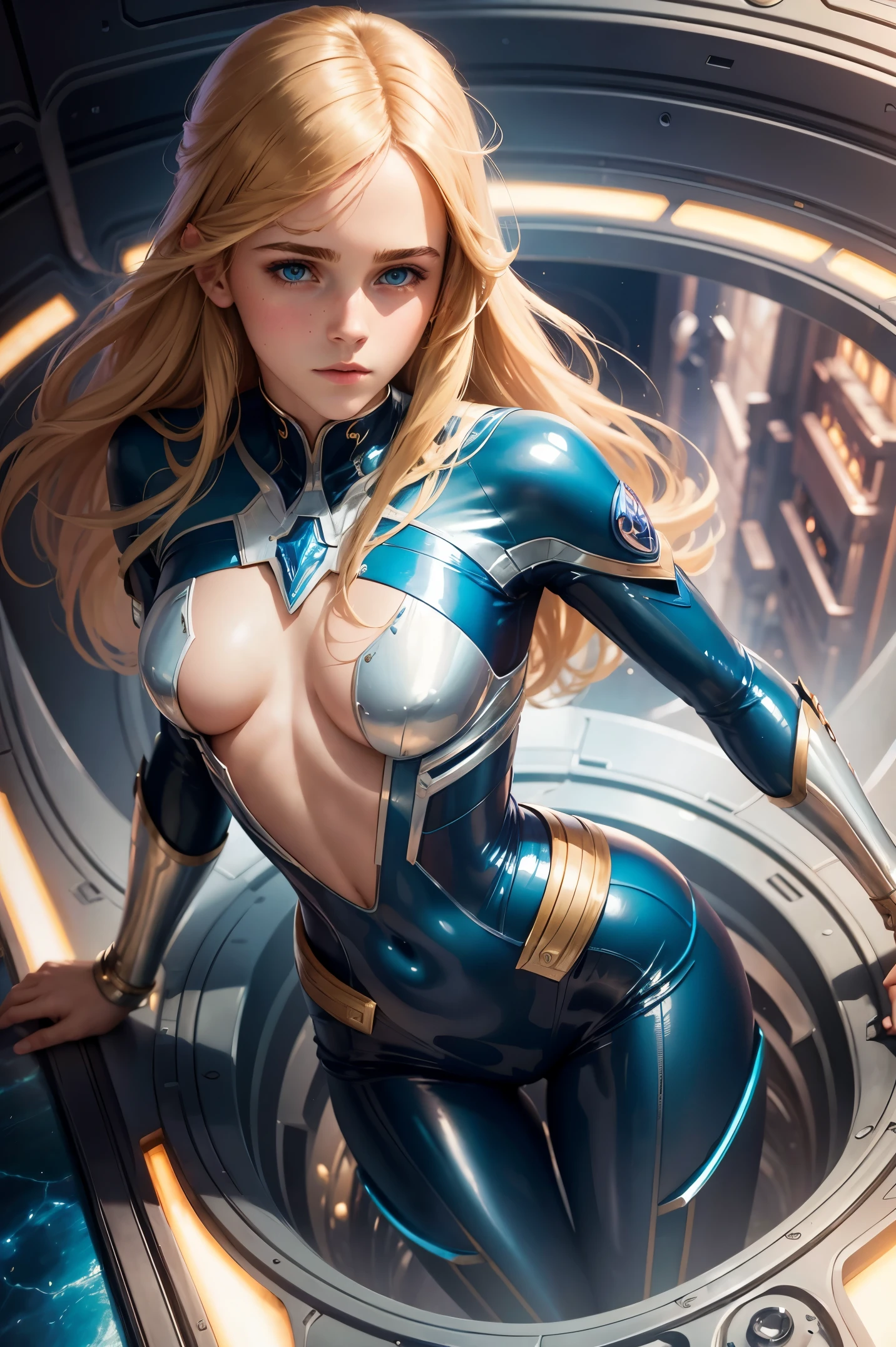 vivid art nouveau painting. crystal clear image. A beautiful emma watson. blonde, blue eyes, long hair. tight shiny bodysuit. She is in a spaceship. Sci-fi. from above.