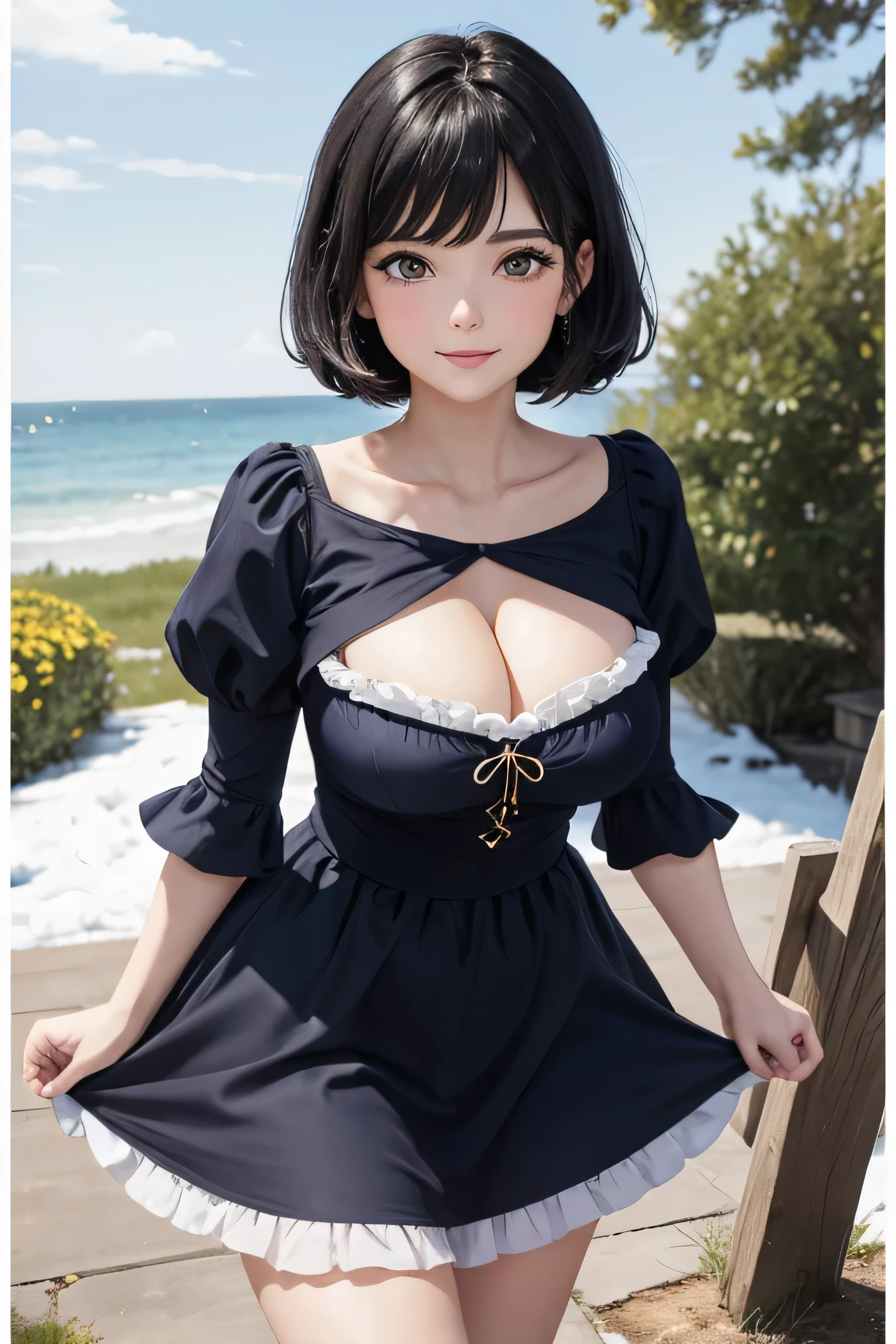 masterpiece, best quality, expressive eyes, perfect face, large breast, big breast, small waist, perfect figure, highly detailed, showing cleavage, brown eyes, short black hair, bangs, full body portrait, she is outside in front of a cottage, she is smiling, dressed as snow white, red bow on her hair, snow white princess, yellow dress, navy blue top, black hair, navy blue top like snow white, it's springtime, spring, short black hair, 