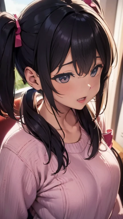 Ahegao、Cumming face、Married woman、(Easygoing:1.2)、Pink knitwear、short twintail hair