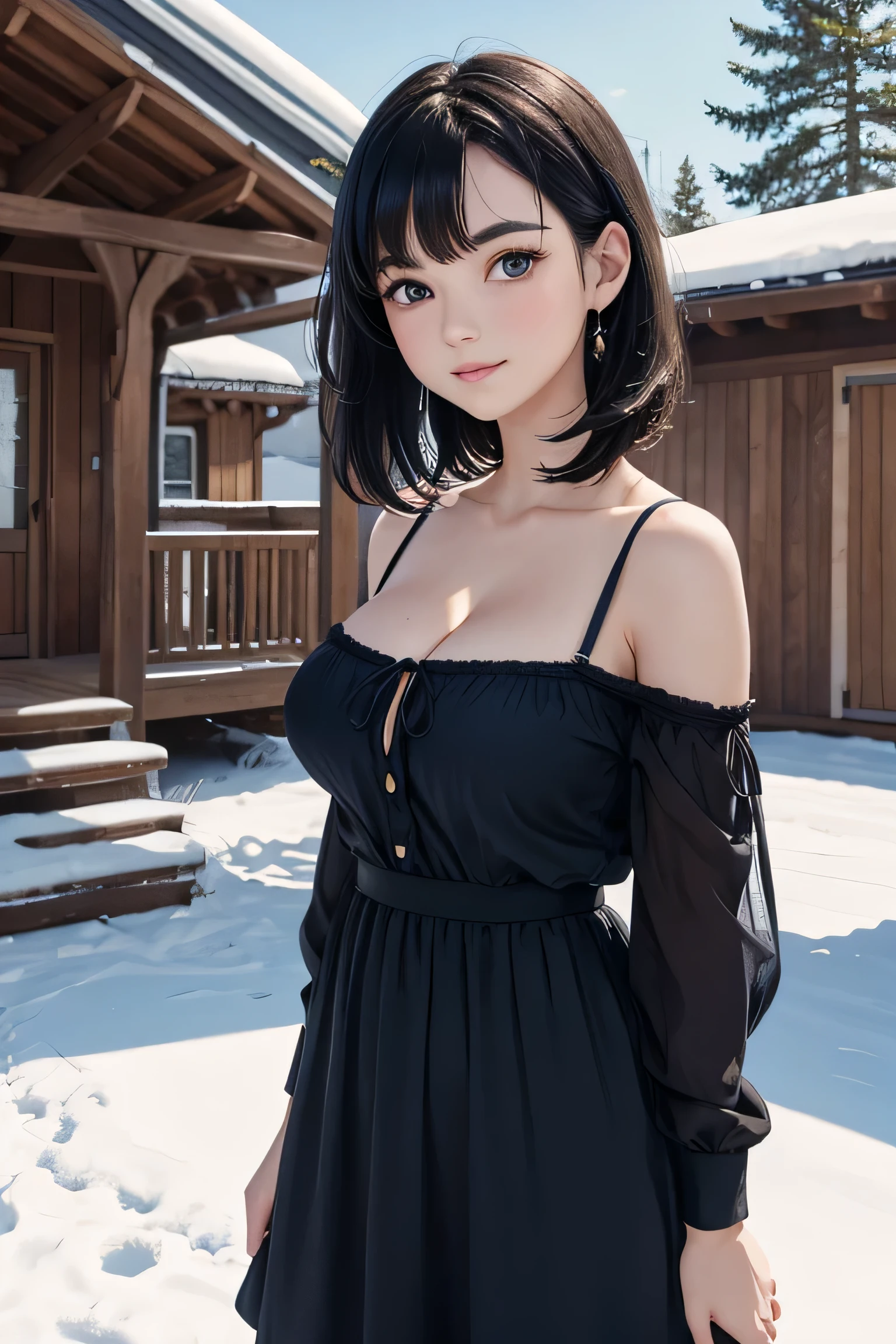 masterpiece, best quality, expressive eyes, perfect face, large breast, big breast, small waist, perfect figure, highly detailed, showing cleavage, brown eyes, short black hair, bangs, full body portrait, she is outside in front of a cottage, she is smiling, dressed as snow white, red bow on her hair, snow white princess, yellow dress, navy blue top, black hair, navy blue top like snow white, it's springtime, spring, short black hair, 