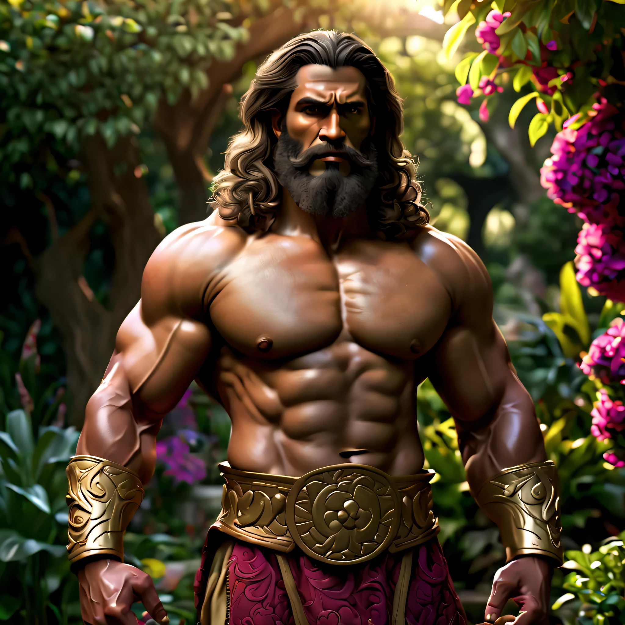 (melhor qualidade:1.2,ultra-detalhado,realista:1.37),Samson,homem extraordinariamente forte,nazareno,figura imponente,powerful build,ombros largos,muscular arms,barbudo,queixo forte,olhar intenso,detailed facial features,cabelo solto,pernas fortes e musculosas,wearing traditional nazareno clothing and accessories,parado em um jardim,background with vibrant flowers and lush vegetation,sunlight streaming through the foliage,luz dourada suave iluminando a cena,criando uma atmosfera calorosa e serena.