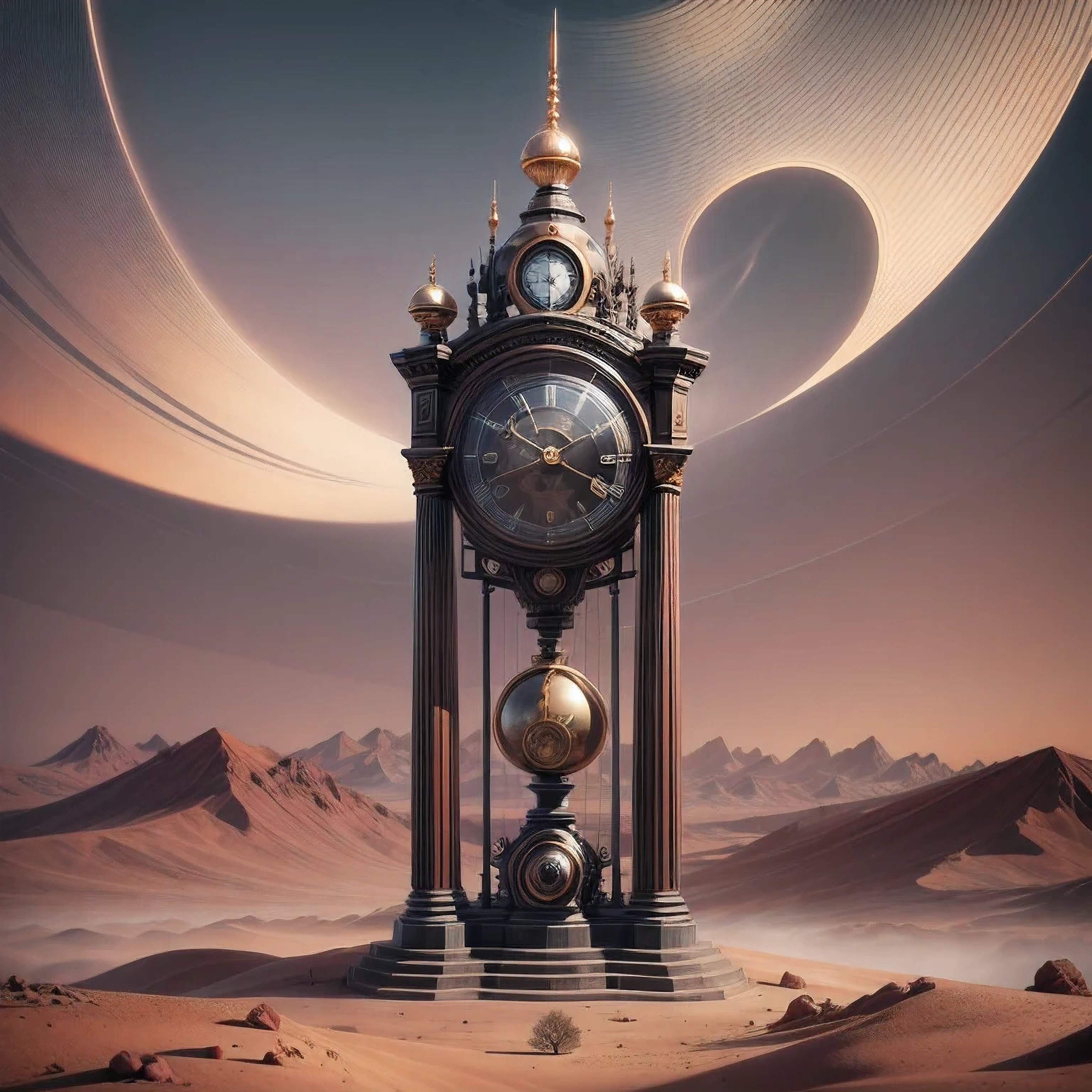 A landmark antique pendulum clock in the city of Mars, Now infused with elements of horror and death. UHR, Futuristic cityscape with red Martian soil as a backdrop, style Salvatore Dali