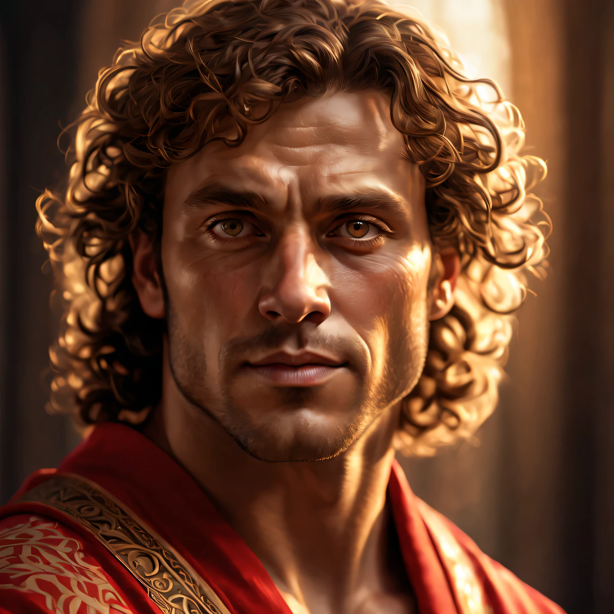 melhor qualidade,ultra-detalhado,Physically based rendering,realista,retrato,olhos e rosto detalhados,Nazarene man with muscular physique,pinceladas finas,luz dourada,sombras suaves,cabelo castanho cacheado,sabedoria e bondade em seus olhos,red cloak with intricate patterns,handsome and charismatic,1 man of immense strength,peaceful expression,humilde, mas confiante,peaceful and serene background,brilho divino,atmosfera calmante