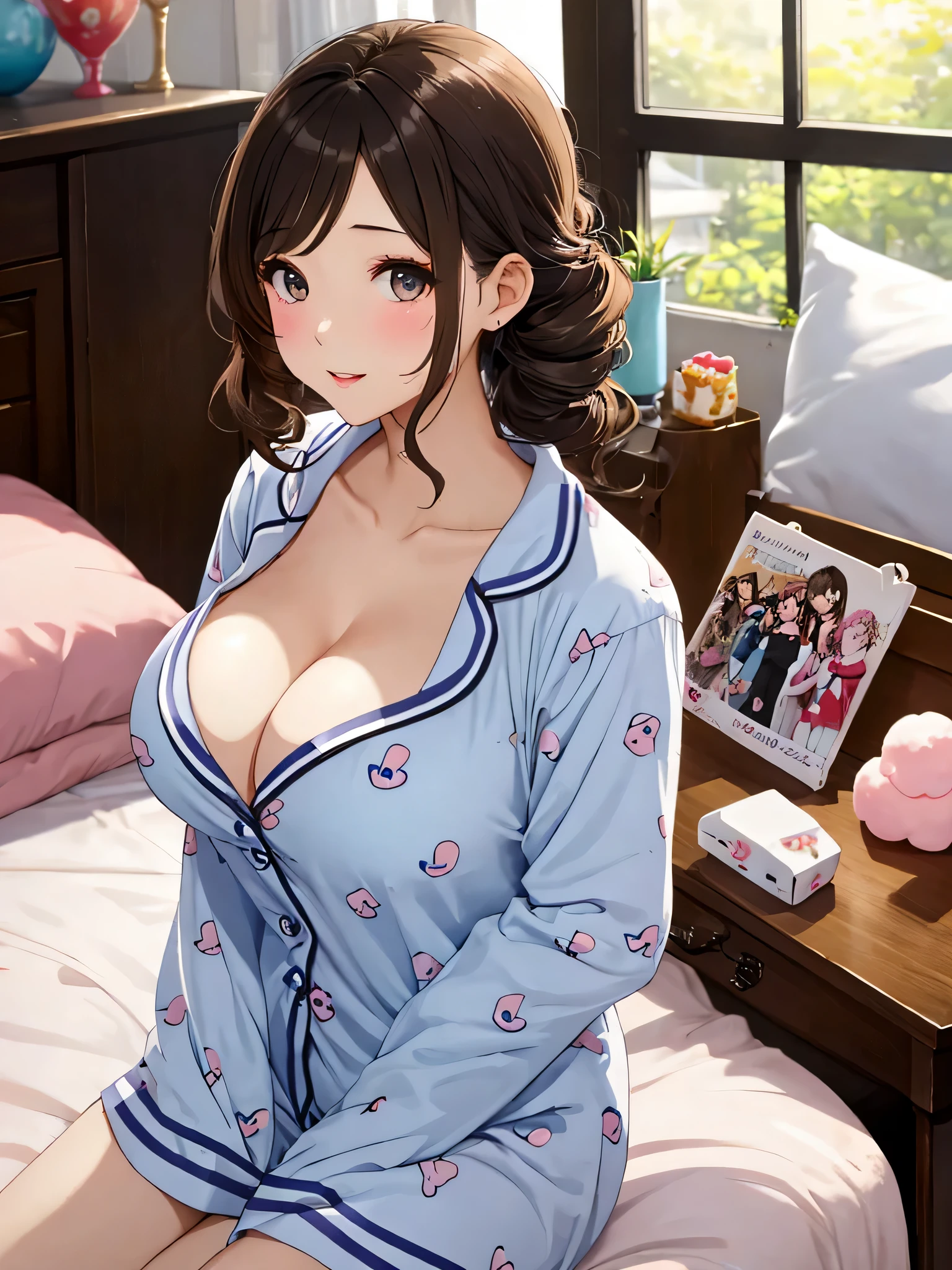 highest quality, Beautiful teenage girl、delicate girl, cute hairstyle、cute hair color、perfect body、huge breasts、emphasize cleavage、At a pajama party with friends, You can enjoy cute items such as fluffy pajamas and cute bedding..。chat and games、Let me&#39;Enjoy sweets and show off your feminine cuteness。

