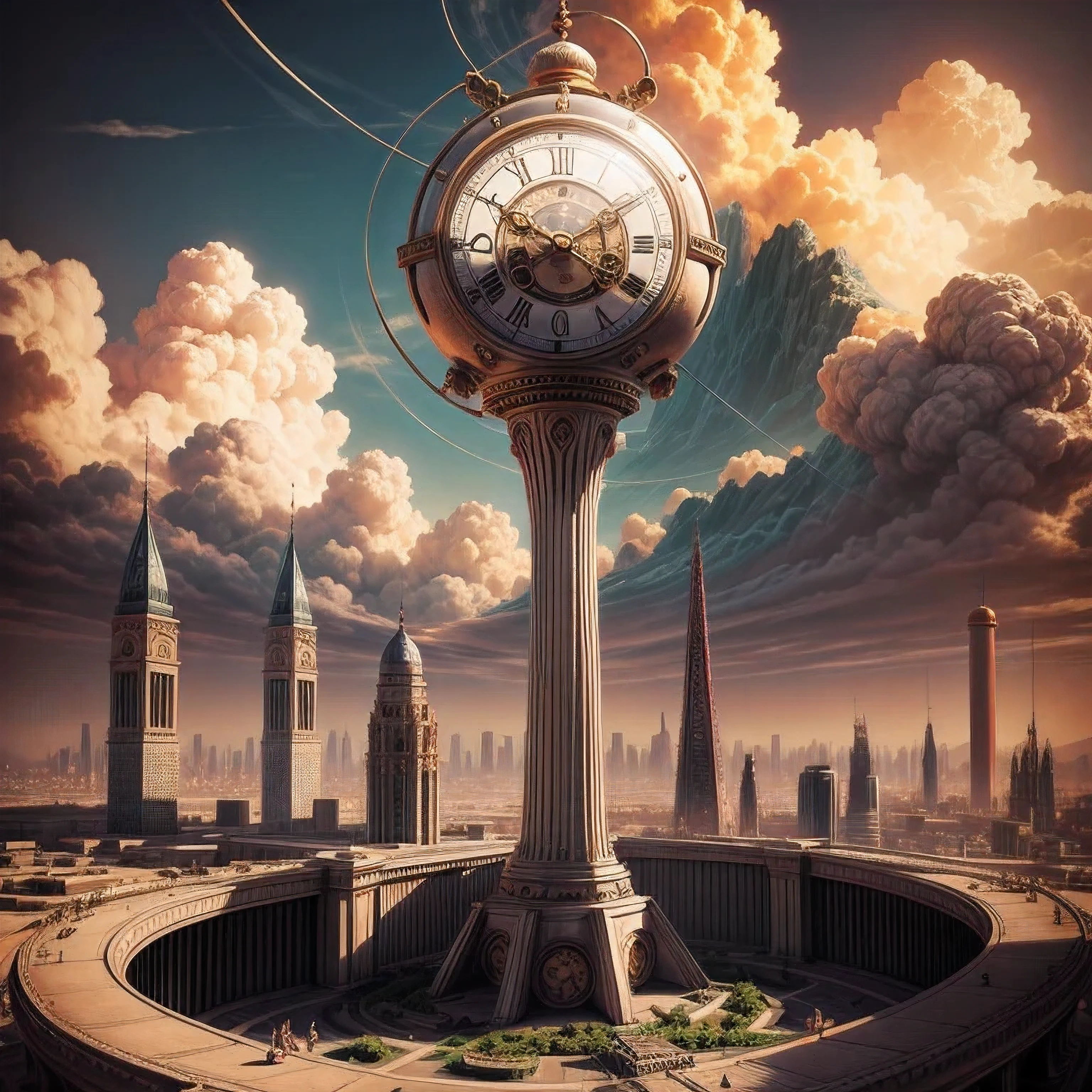 A landmark antique pendulum clock in the city of Mars, Now infused with elements of horror and death. UHR, Futuristic cityscape with red Martian soil as a backdrop, style Salvatore Dali