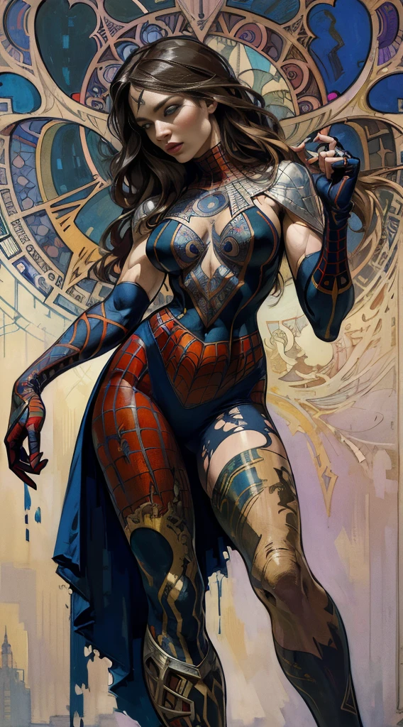 emily bet rickards、Sticking out the navel、newyork、She wears a torn Spider-Man suit,wearing a skirt、abstract photorealistic、artistic、Alphonse Mucha's painting(masterpiece、highest quality、High resolution:1.4)、detailed、複雑なdetailed、In 4K、color splash、line drawing、fibonacci、
