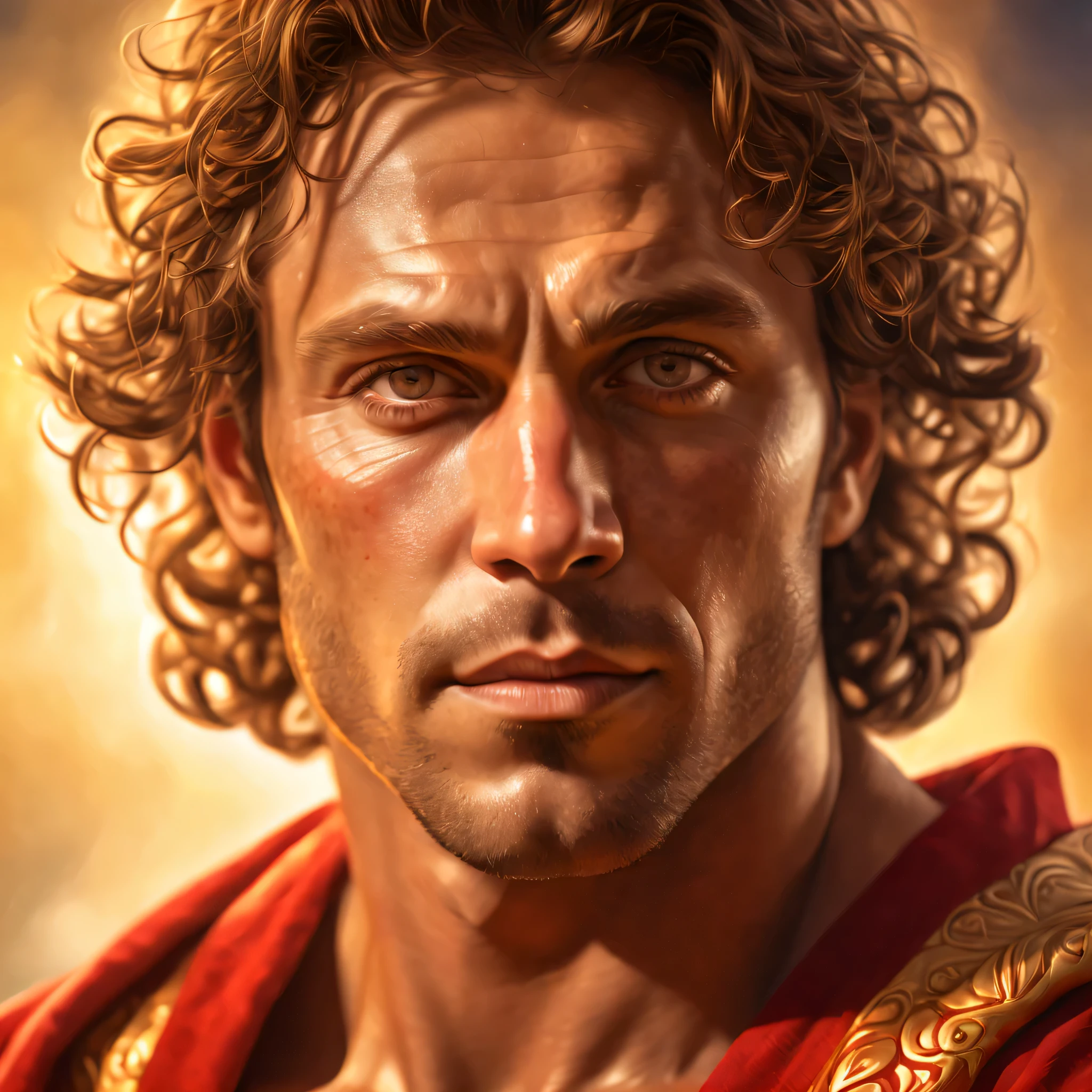 melhor qualidade,ultra-detalhado,Physically based rendering,realista,retrato,olhos e rosto detalhados,Nazarene man with muscular physique,pinceladas finas,luz dourada,sombras suaves,cabelo castanho cacheado,sabedoria e bondade em seus olhos,red cloak with intricate patterns,handsome and charismatic,1 man of immense strength,peaceful expression,humilde, mas confiante,peaceful and serene background,brilho divino,atmosfera calmante