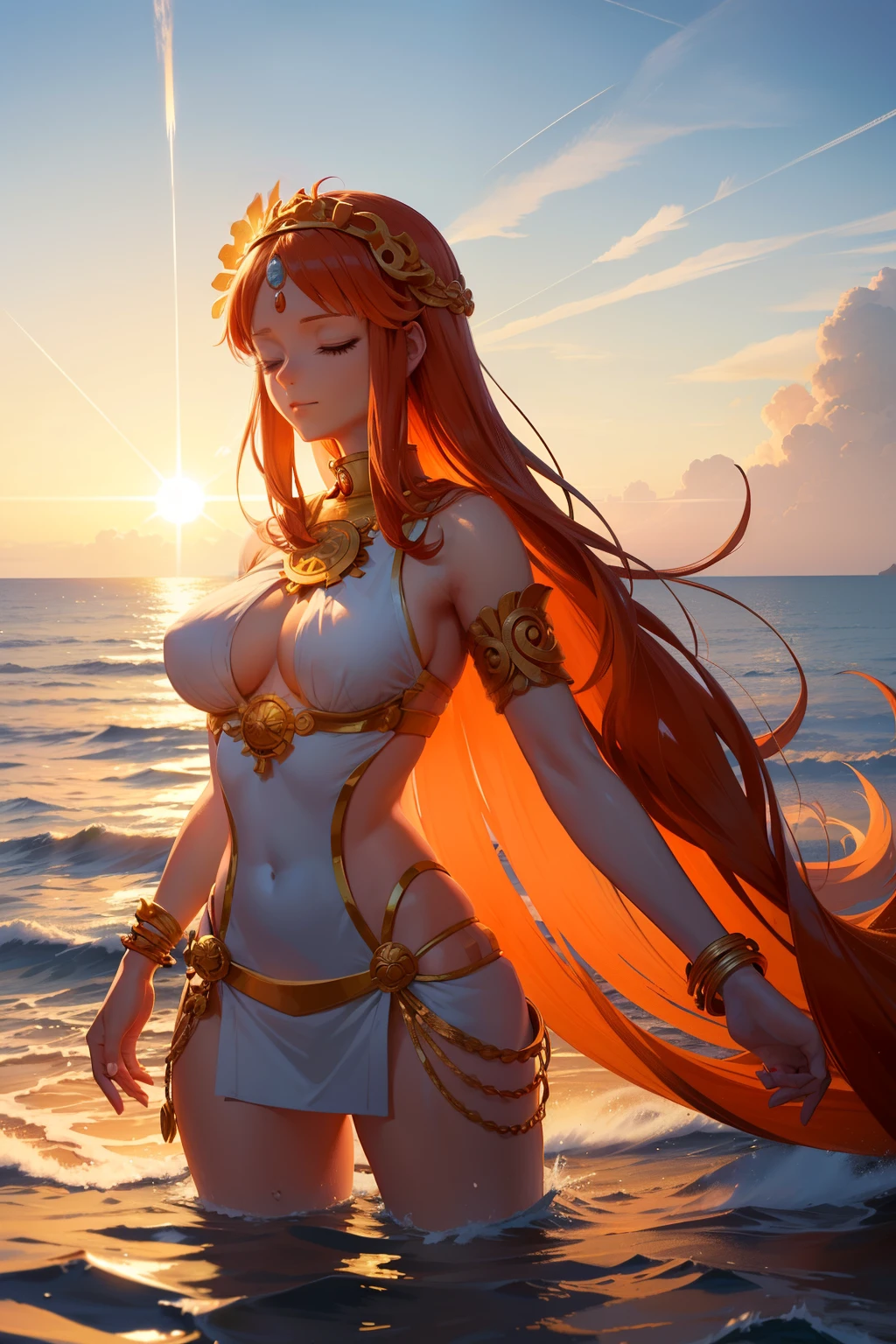 One Piece: Deus ex Sol Nika ---Serial Two--
(Nika, the Sun Goddess of the One Piece World),
(Deus, the God subtly woven within the Sun),
(Sol, the radiant embodiment of life-giving energy),
Scene: A serene ocean, a vibrant sun slowly sinking beyond the horizon, casting long, warm shadows over the waves.
(One Piece: a fantastical universe filled with adventures, mythical beings, and untold treasures),
(The Sun Goddess Nika: a deity revered for her power over the elements, her grace, and her deep connection to the universe