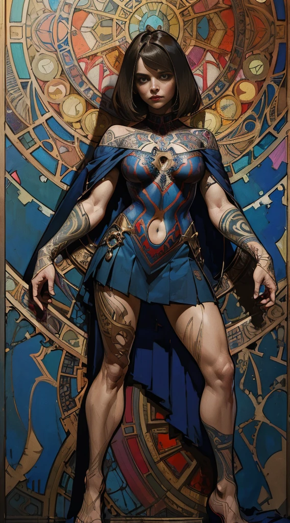 Jenna Louise Coleman、Sticking out the navel、newyork、She wears a torn Spider-Man suit,wearing a skirt、abstract photorealistic、artistic、Alphonse Mucha's painting(masterpiece、highest quality、High resolution:1.4)、detailed、複雑なdetailed、In 4K、color splash、line drawing、fibonacci、