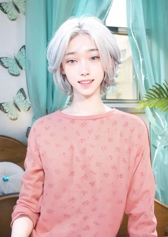 Young adult male, medium length white hair, pink sweater, strong green and blue heterochromia, cute smile