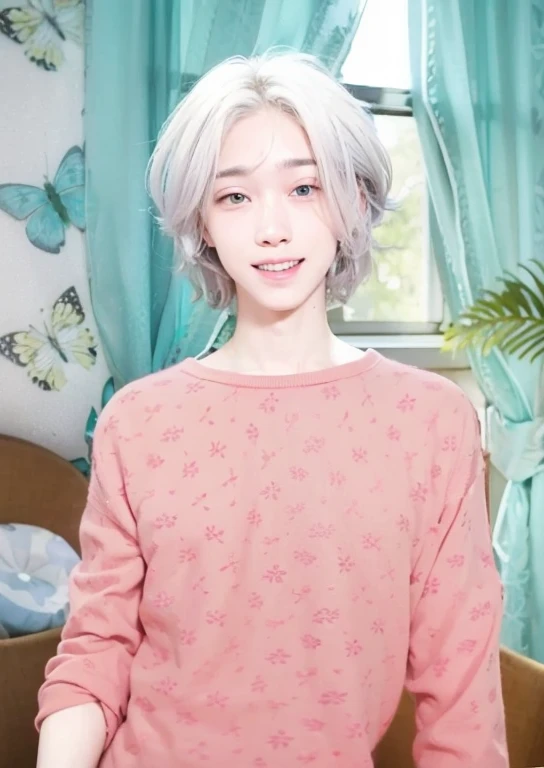 Young adult male, medium length white hair, pink sweater, strong green and blue heterochromia, cute smile