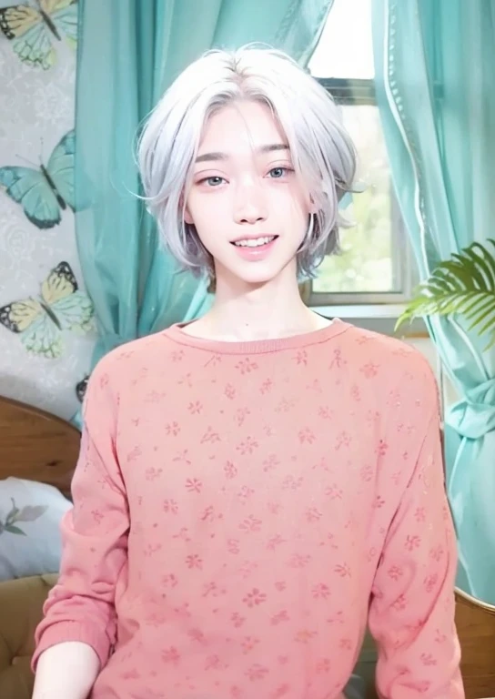 Young adult male, medium length white hair, pink sweater, strong green and blue heterochromia, cute smile