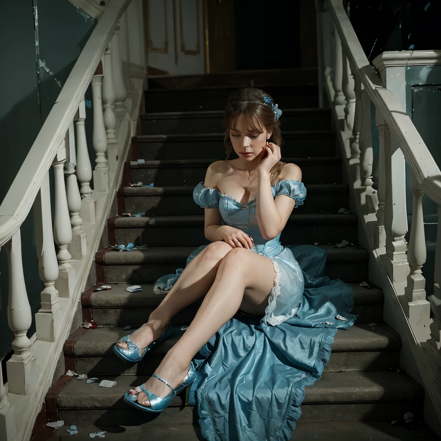 Cinderella dead at the scene after falling down glass stairs where there is nothing left besides a glass slipper covered in her blood