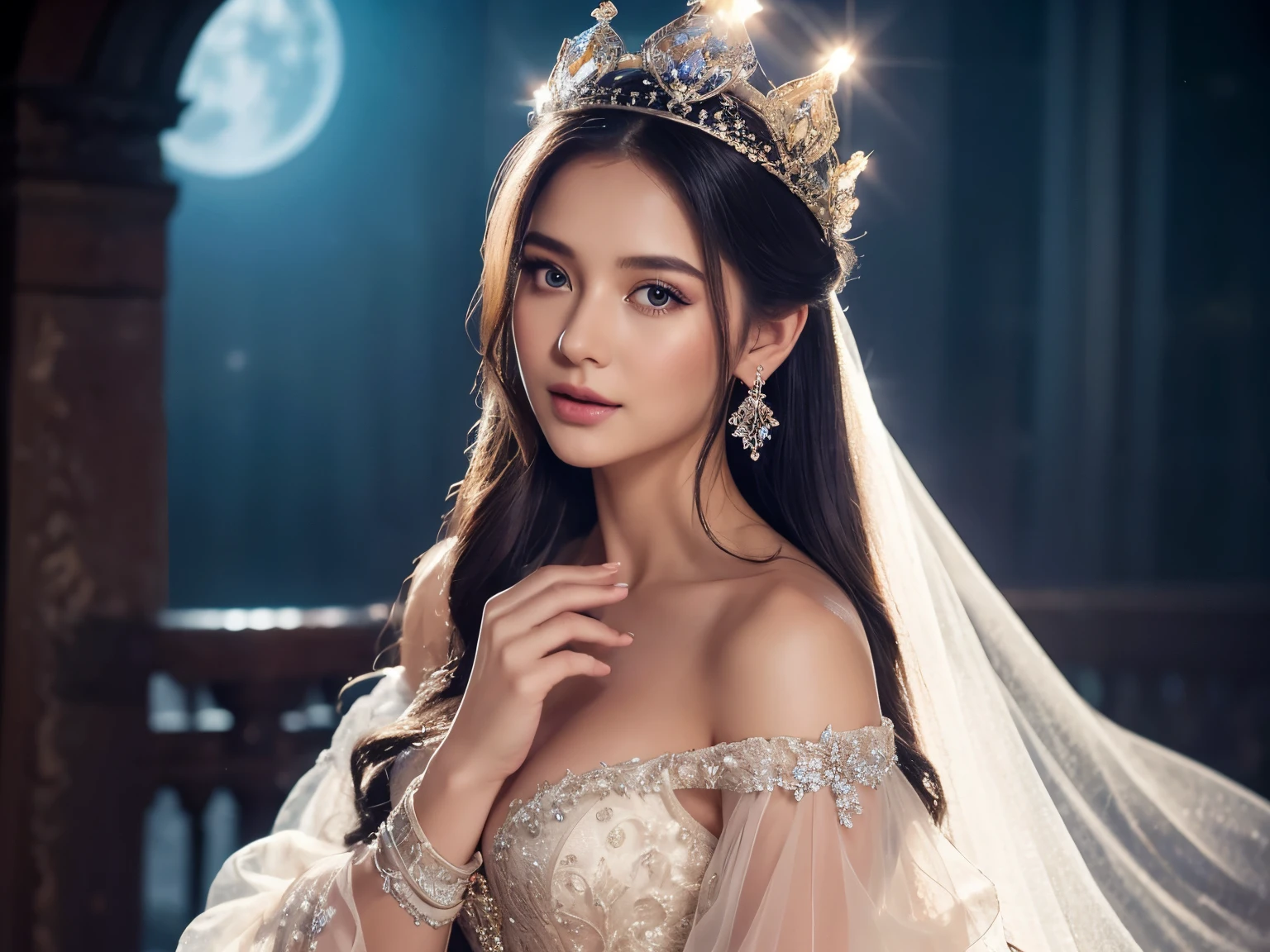 Wear a flowing, fairy-tale-inspired gown with sheer fabric.
Adorn hair with delicate, sparkling accessories like a celestial crown.
Concept: Capture the enchantment of a magical night with soft moonlit lighting and dreamy poses. Nikon d850 85mm extreme details on face extreme details on fingers and hands
High angle shot looking straight to the camera