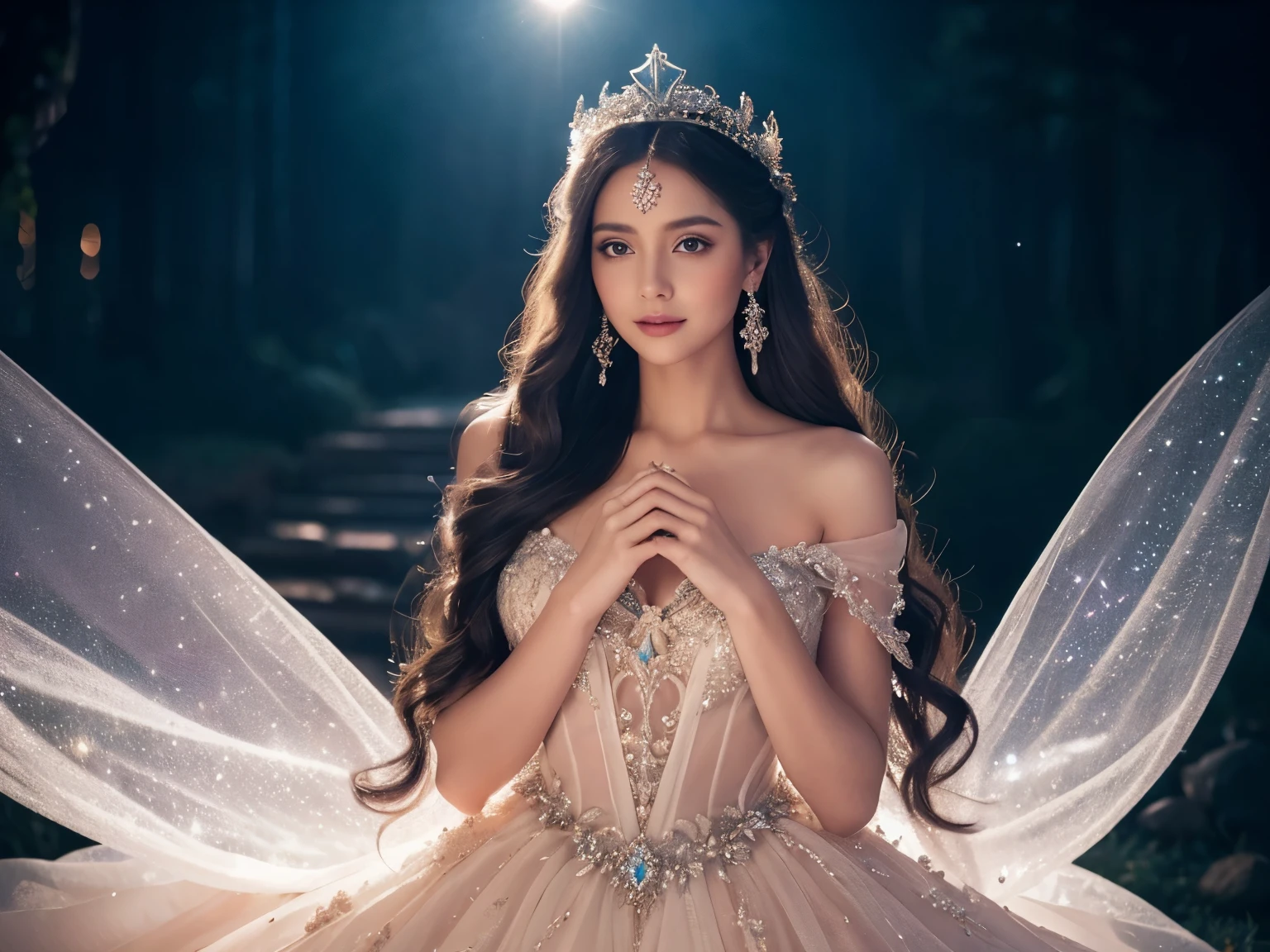 (highest quality、table top、8K、best image quality、extremely complex and detailed depiction)、(Mainly depicting one princess:1.1)、(A photo of the princess above the waist:1.2)、standing elegantly、A perfect composition depicting a beautiful princess、The most luxurious and highest quality giant tiara、The most luxurious and highest quality giant necklace、luxury jewelry decoration、The most luxurious pure white princess dress、The background is a blanket of clouds、Beautiful clouds and sunset background、最もfantasyでfantasy、(Princess upper body photo:1.2)、Spectacular view、A beautiful view of the sea of clouds that can be seen far into the distance、accurate anatomy、smile looking at me、look at me、epic movie lighting、fantasyな星空、shooting star、beautiful night starry sky、ブルーと紫のfantasyな星空、Countless beautiful twinkling stars、The most complex starry sky、fantasyな美しい星空、(The princess is on an isolated island floating in the air.:1.1)、sheer cliff、fantasy、fantasy、Romantic、mysterious、想像を絶する美しいSpectacular view、The most subtle sparkle in the air、detailed face、beautiful face、(In the far background, there is a lonely island in the sky floating in the air.:1.1)