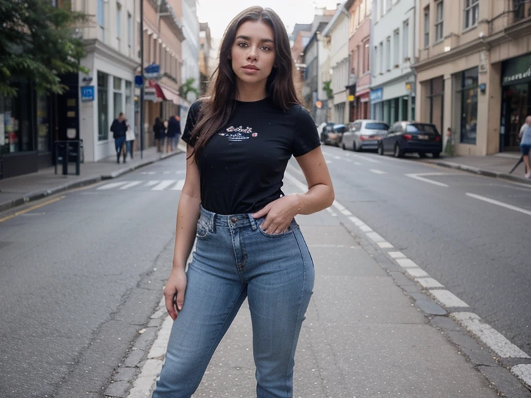 mulher araffe de camisa azul e jeans segurando um guarda-chuva, jeans and knee high black boots, jeans e botas pretas, jeans and boots, 👰 🏇 ❌ 🍃, jeans azul apertado e sapatos frescos, Na rua, Na rua, Inglaterra, wearing a dark shirt and jeans, verificando seu telefone, blue jeans, jeans e camiseta, vestido casualmente