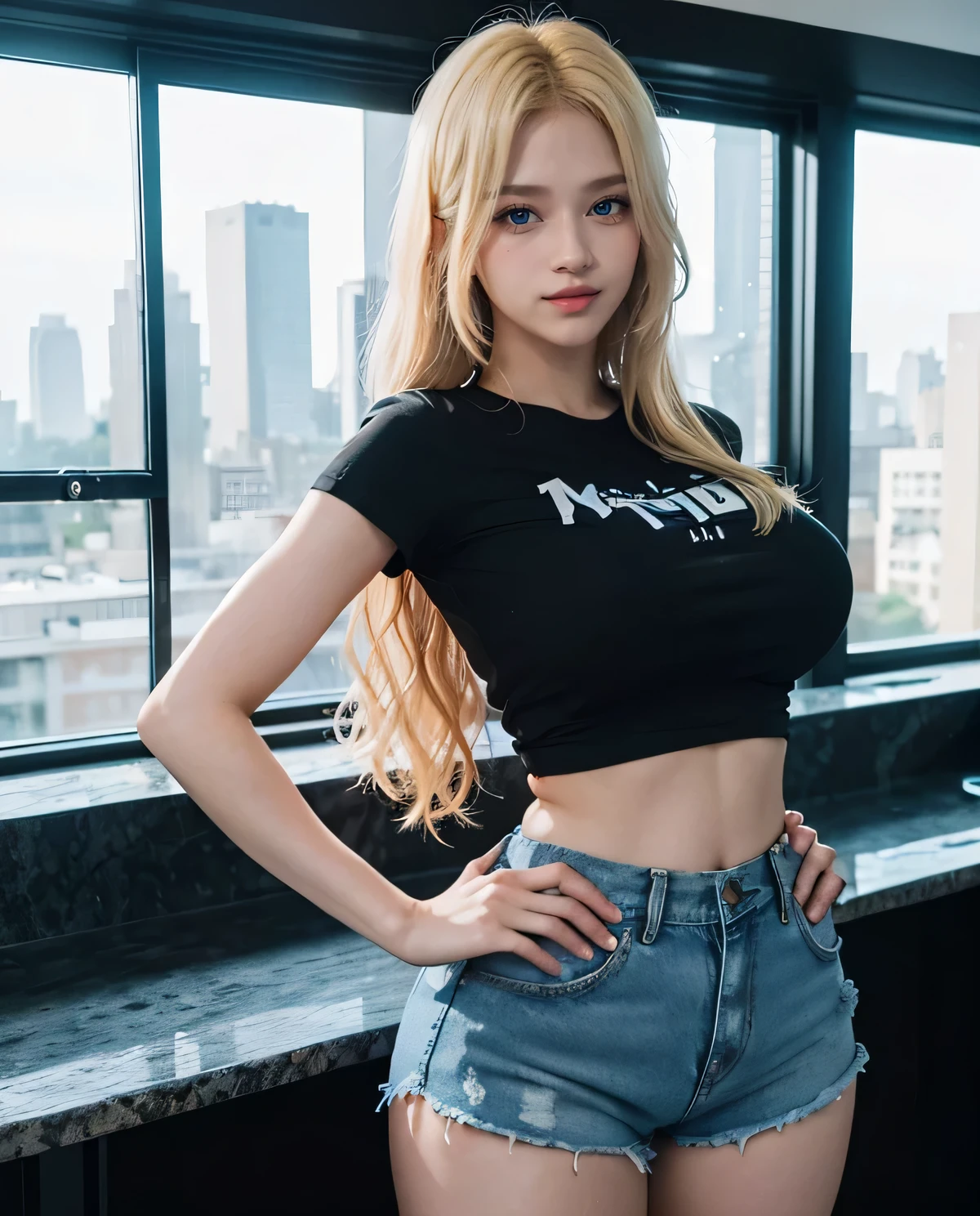 1 chica, (ojos azules), (Sonrisa), (Sana Minatozaki), (Caderas anchas), tetas grandes, (gran culo), (Mejor calidad, 8k, obra maestra: 1.3), manos perfectas, Enfoque claro: 1.2, Belleza del cuerpo perfecto: 1.4, Abdominales delgados: 1.2, Textura de cara y piel muy detallada., ojos detallados, double eyelids, (pelo largo rubio :1.2), (camiseta negra con estampados de colores :1.3), (Pantalones cortos de mezclilla sexy), (de pie), dynamic pose, en una sala de estar, ventana con vista a la ciudad al fondo
