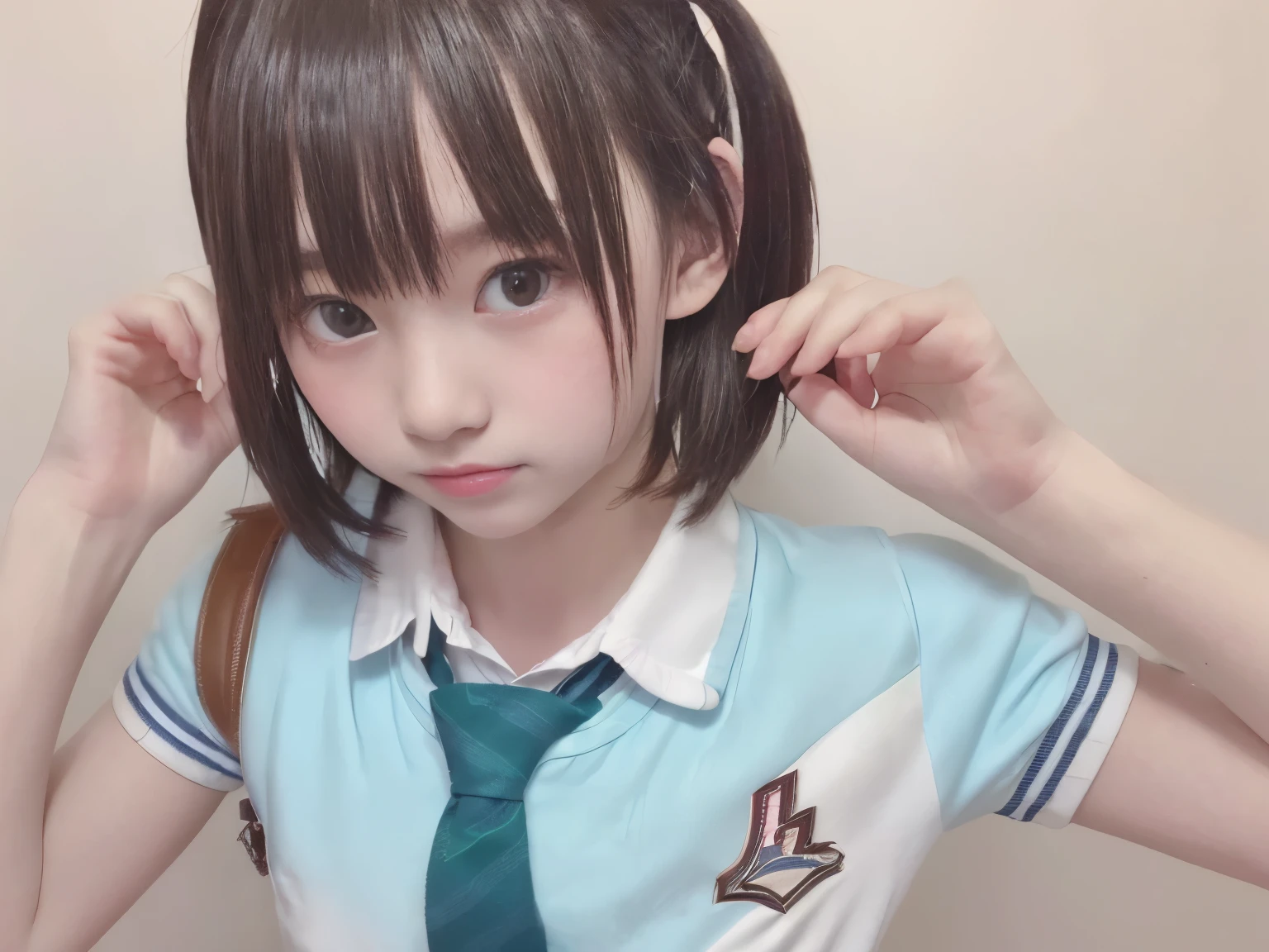 masutepiece, Best Quality, Black eyes、Japanese ido、(-yeld gi1.5)、(Embarrassed look:1.3) 、(Schoolgireveled uniform:1.5)、(pretty pose:1.6)、(Smaller chest)、(Smooth short-cut hair:1.7)、Very white skin、Letting down your bangs、Detailed body、Detailed hand、No makeup,横向き