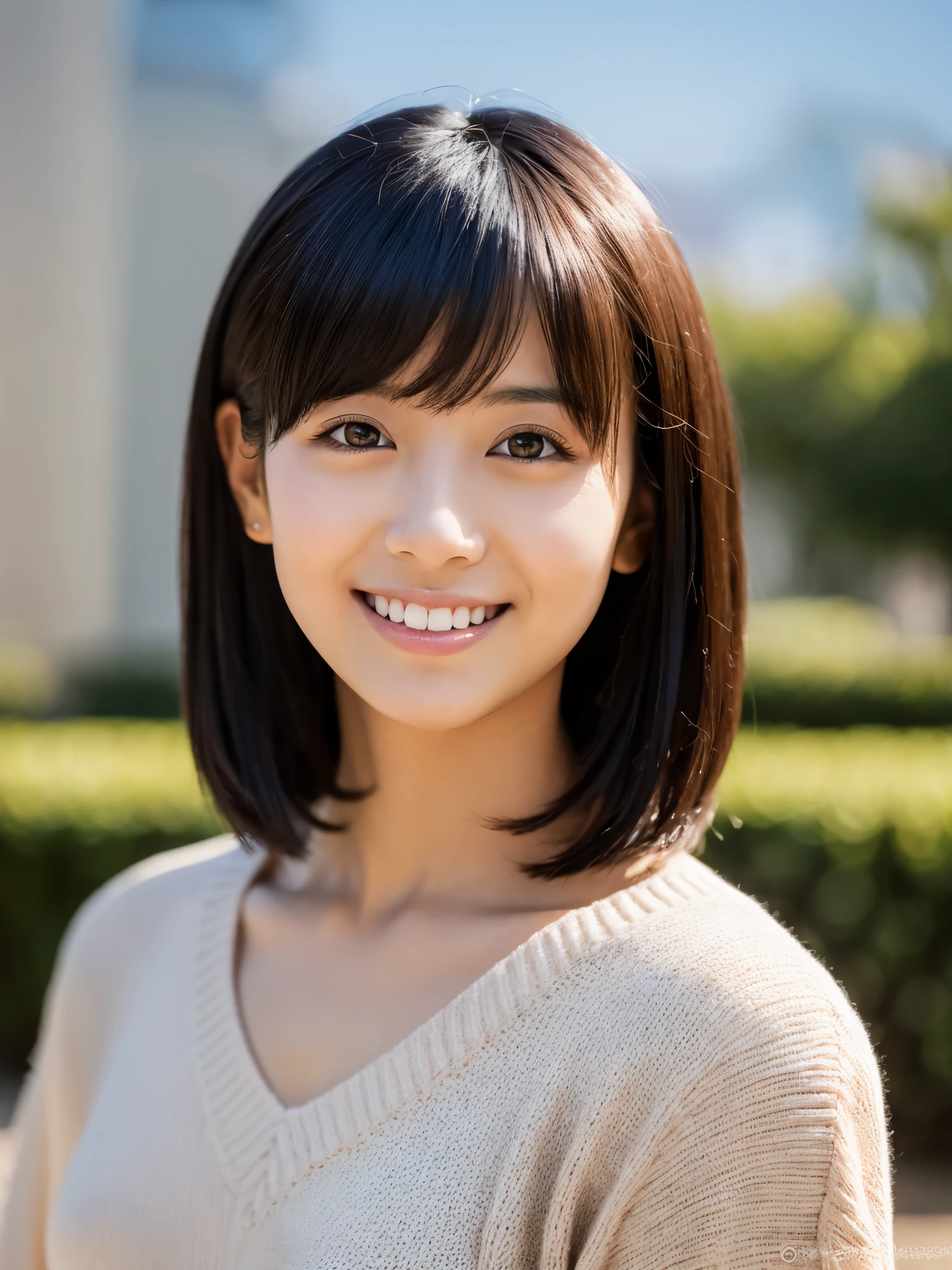 portrait, 8K, high quality, realistic photo image, , Japanese woman, neat and clean, small, reproduce natural and realistic eyes, beautiful black hair, short hair, light makeup, octane rendering, beautiful lighting, golden ratio composition, smile, everyday wear, casual clothes, natural background, blurred background
