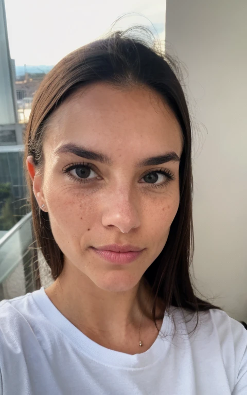 instagram selfie , a 23 year old gorgeous woman , slight smile , detailed skin face and eyes , natural lighting , at home , long hair, naked , natural face , freckles , black hair with silver highlights , brown eyes, dark circles under eyes
