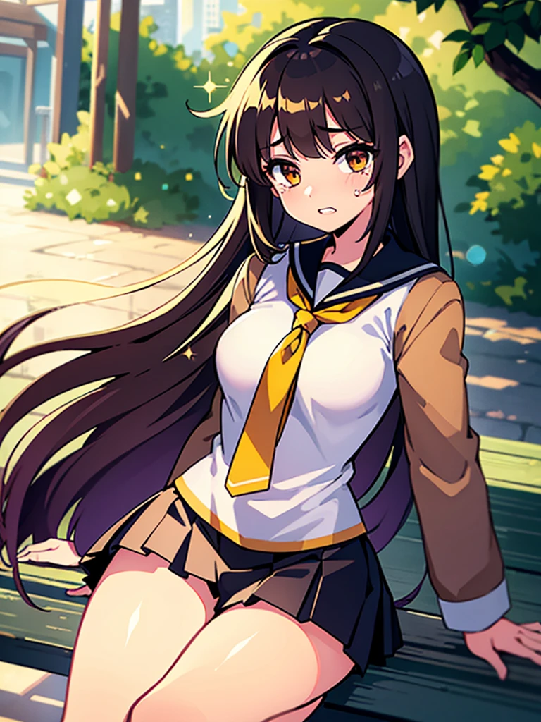 1girl in, 独奏, thighs thighs thighs thighs, bangss, Glossy thighs, Bring your chest together with your arms、Forward leaning position、Brown-eyed, Look at viewers, A smile, Opening Mouth, A dark-haired, brown haired, arms in arms、looking-down、Black stockings