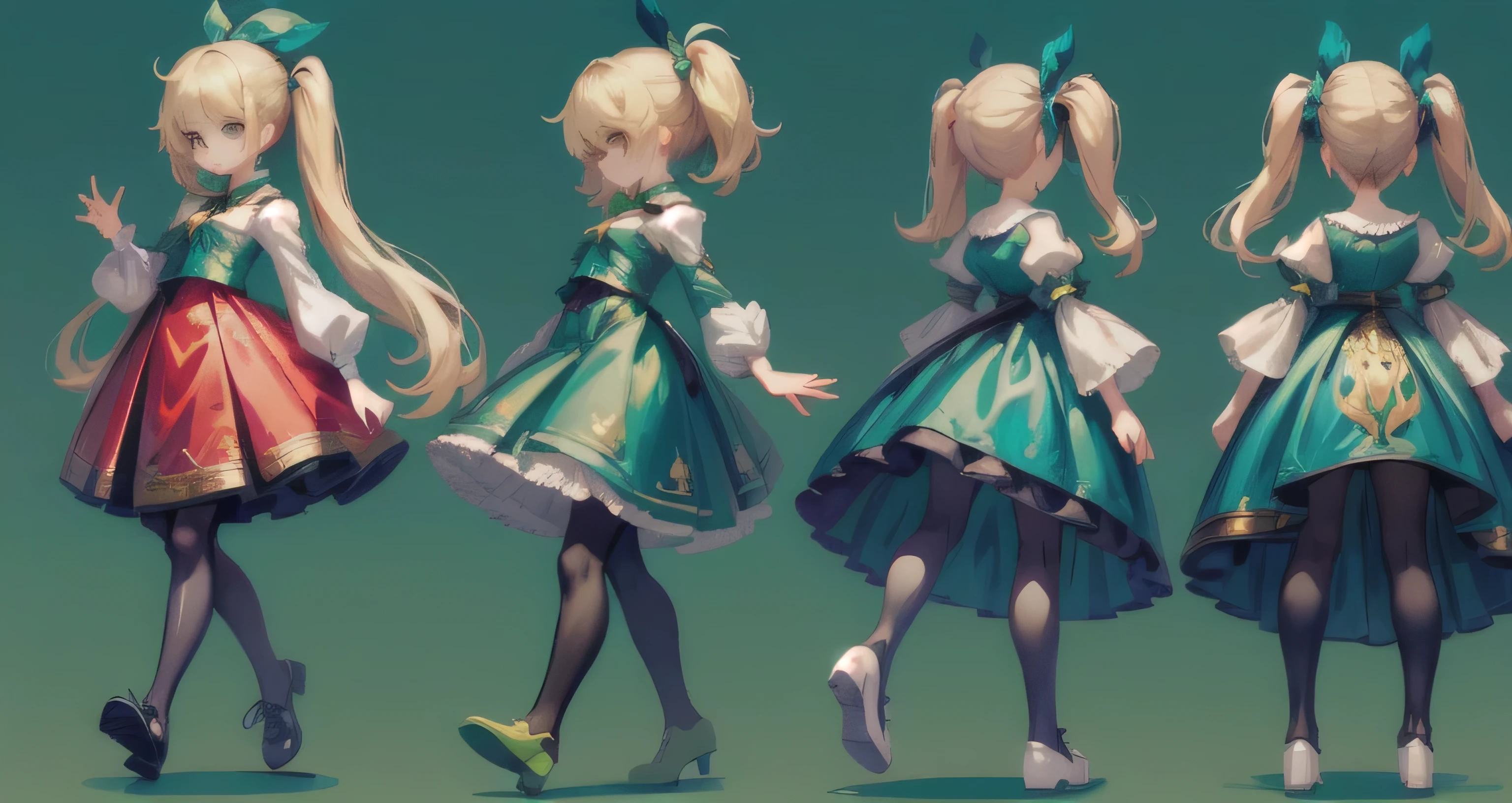 ((Character design sheet:1.2)), ((front view, side view, back view)), (crazy details), ((errorless character design)), {(a beautiful girl with blonde hair and a green dress:1.2)}