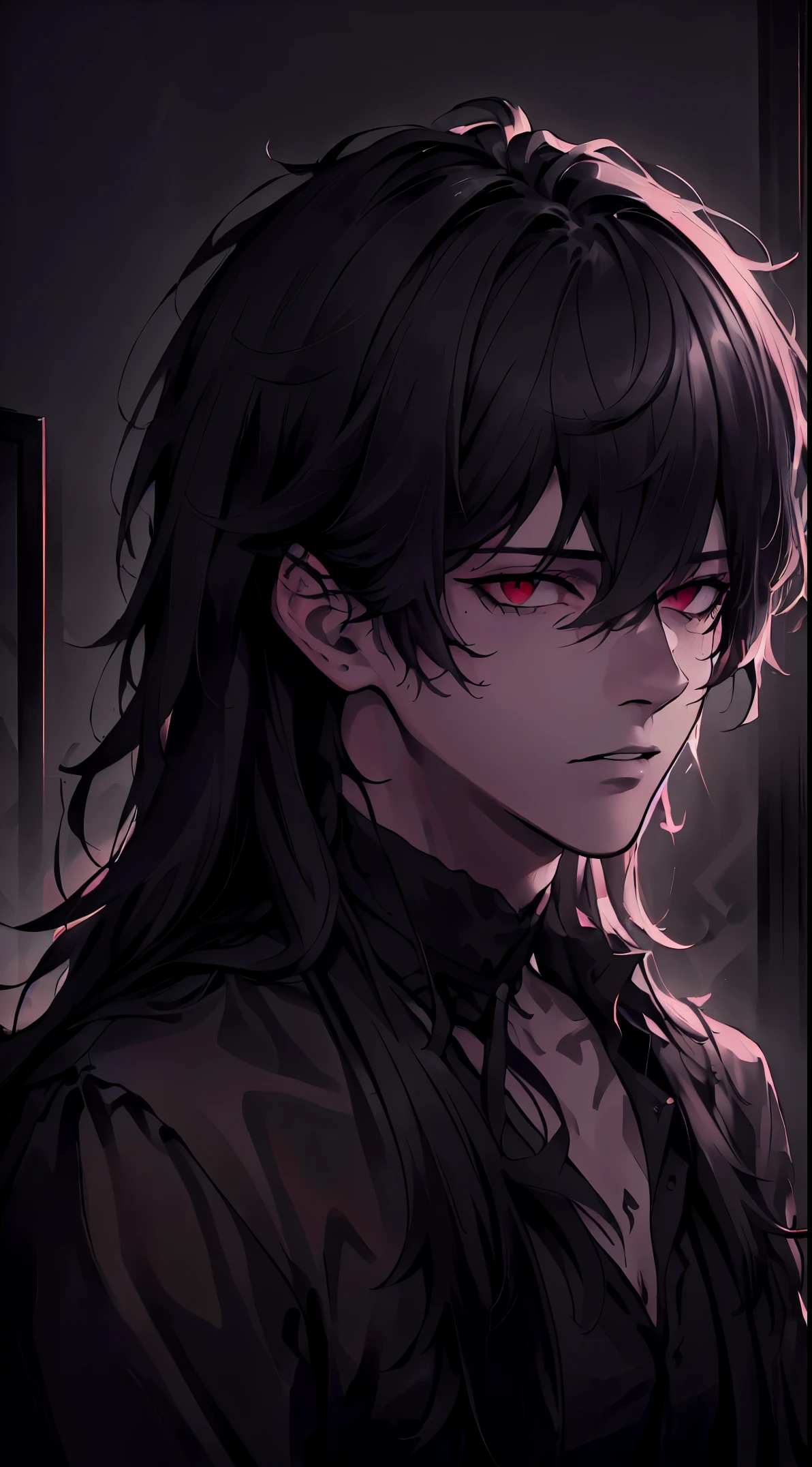 (best quality,4k,8k,highres,masterpiece:1.2),ultra-detailed,(realistic,photorealistic,photo-realistic:1.37),portraits,dark lighting,black palette,(mysterious,handsome,evildeed:1.1,black,long,messy hair,dark red eyes,emotionless,mysterious)