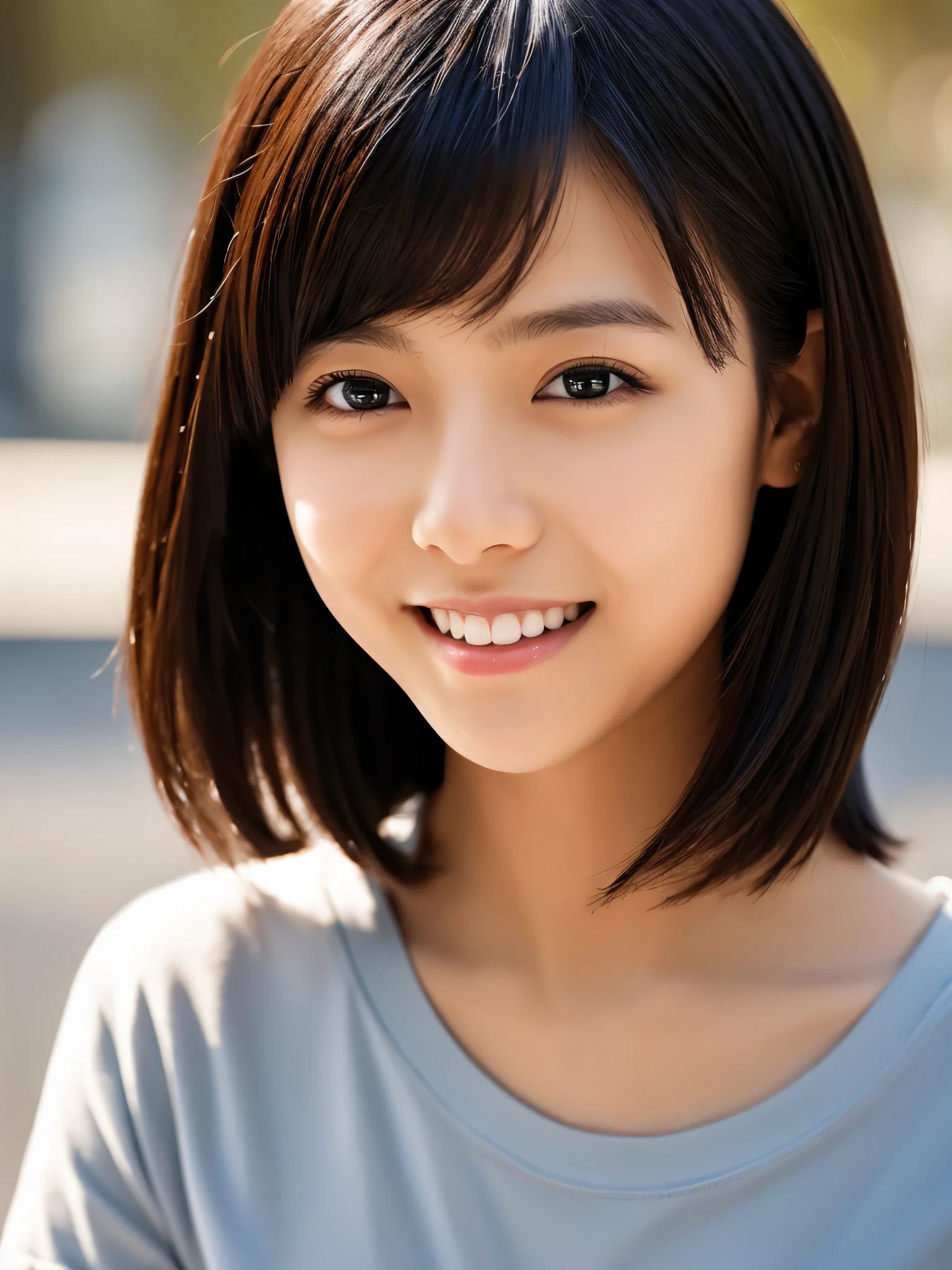 portrait, 8K, high quality, realistic photo image, , Japanese woman, neat and clean, small, reproduce natural and realistic eyes, beautiful black hair, short hair, light makeup, octane rendering, beautiful lighting, golden ratio composition, smile, everyday wear, casual clothes, natural background, blurred background