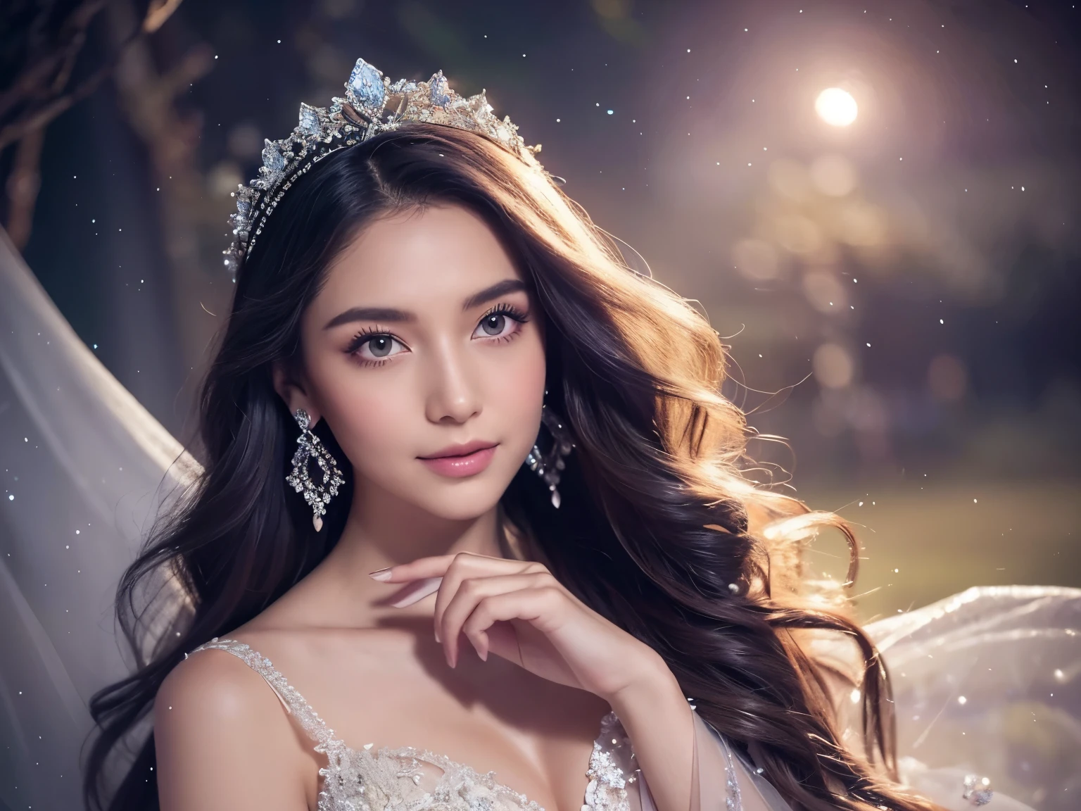 Wear a flowing, fairy-tale-inspired gown with sheer fabric.
Adorn hair with delicate, sparkling accessories like a celestial crown.
Concept: Capture the enchantment of a magical night with soft moonlit lighting and dreamy poses. Nikon d850 85mm extreme details on face extreme details on fingers and hands 
High angle shot  looking straight to the camera 