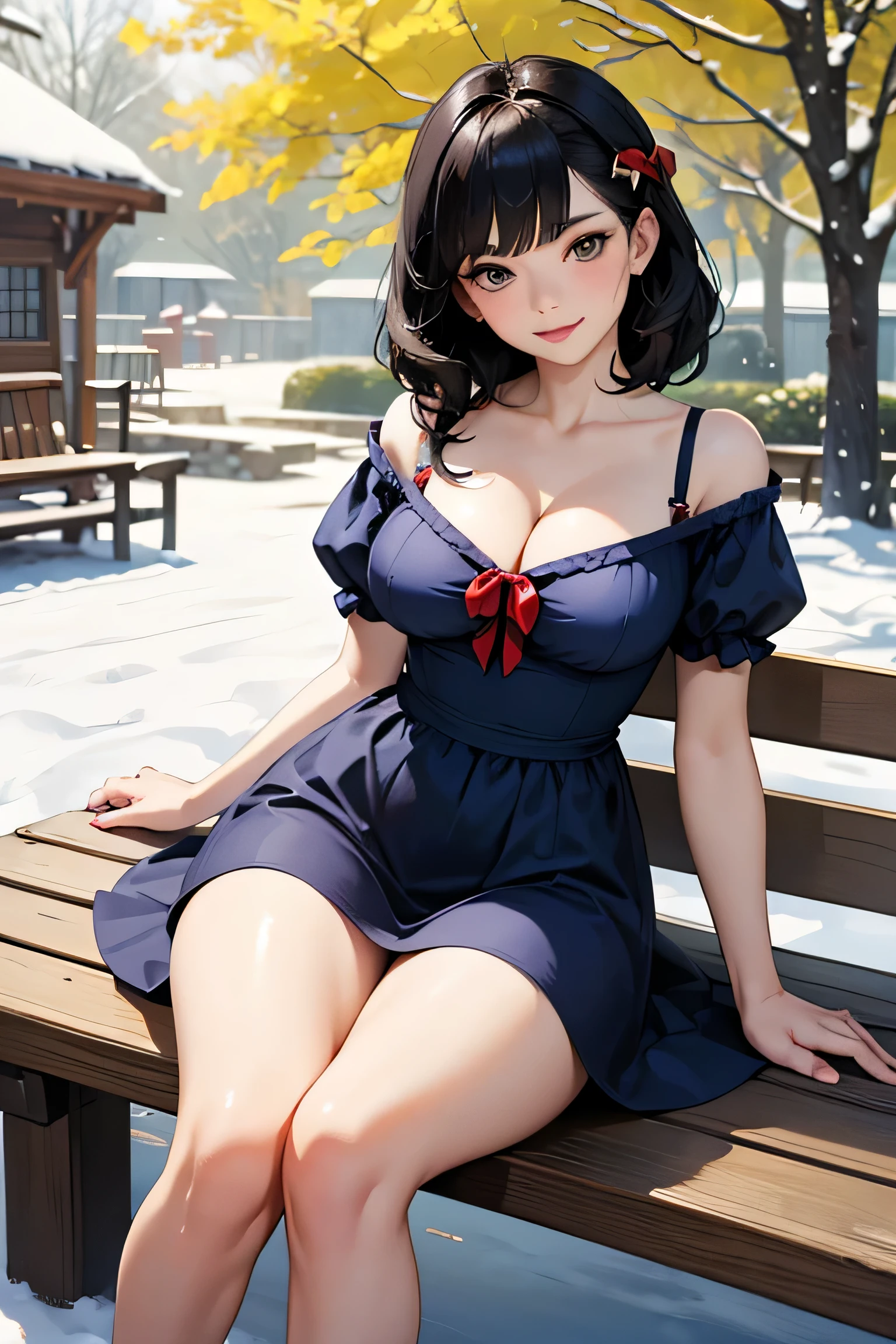 masterpiece, best quality, expressive eyes, perfect face, large breast, big breast, small waist, perfect figure, highly detailed, showing cleavage, brown eyes, short black hair, bangs, full body portrait, she is outside in front of a cottage, she is smiling, dressed as snow white, red bow on her hair, snow white princess, yellow dress, navy blue top, black hair, navy blue top like snow white, it's springtime, spring, sitting on a bench
