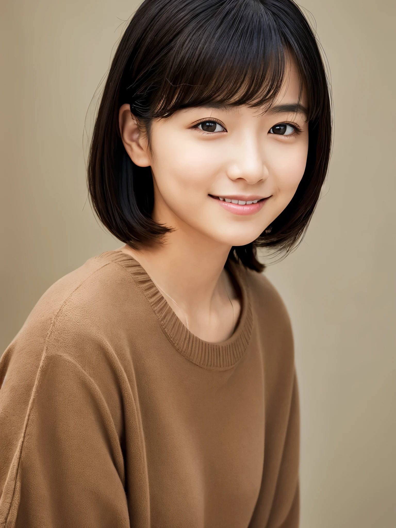 portrait, 8K, high quality, realistic photo image, 17 years old, Japanese woman, neat and clean, small, reproduce natural and realistic eyes, beautiful black hair, short hair, light makeup, octane rendering, beautiful lighting, golden ratio composition, smile, everyday wear, casual clothes, natural background, blurred background