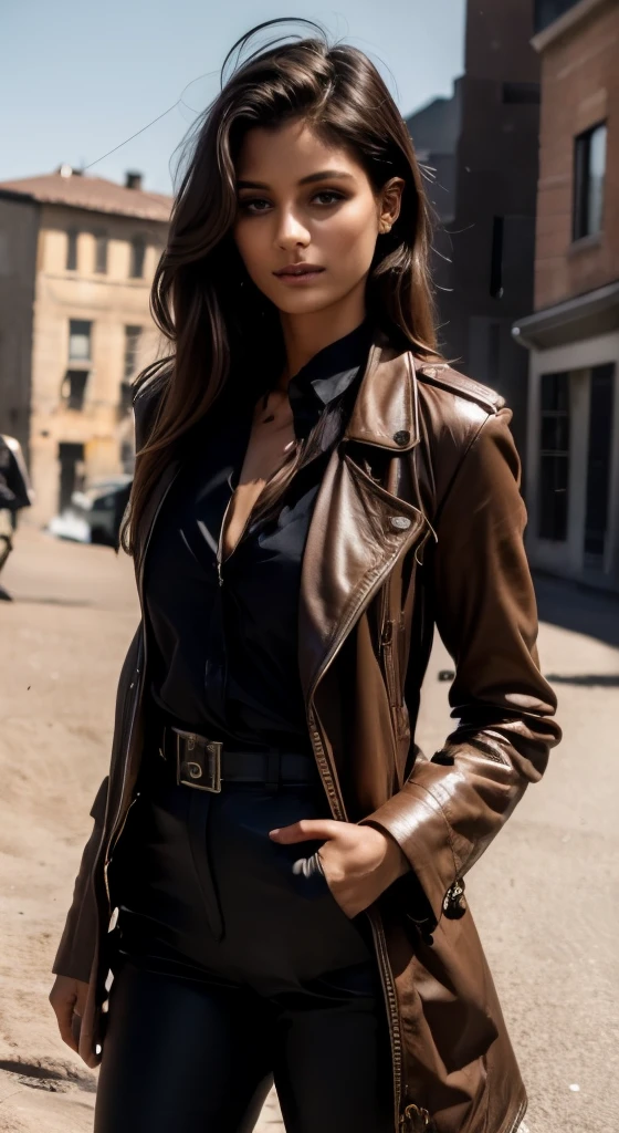 masterpiece, best quality:1.2), cowboy shot, solo, expressionless, closed mouth, looking at viewer, hands in pockets, short hair, ringed eyes, formal, black coat, collared shirt, black necktie, black pants, Masterpiece, a 35 years old woman, chestnut hair, blue eyes, slender athletic body, small eyes, muscular, brown skin, detailed eyes, a proud kurdish soldier, long face, portrait of a female soldier, beautiful female soldier, thin eyebrows, narrow eyes, beautiful eyebrows, kurdistan, tanned skin, sharp eyes, slanted eyes, kurdish, portrait shot, mature , ultra high res.photorealistic:1.4, UHD , clearly, 3va,photorealistic, Enhance,salwar,n0t,Enhance, jacket, coat, dark clothes