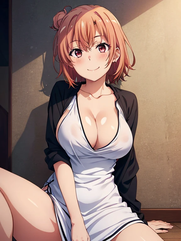 (( highest quality, High resolution, nffsw, perfect pixel, Depth of written boundary, 4K, )), 1 girl, alone, in addition, beautiful anime girl, beautiful art style, 
close, looking at the viewer, 
perfect body,  Yui Yuigahama,short hair, big breasts, 

blush all over the face, smile,mouth open,

self snap,
throw,Nipples are fully exposed,spread your legs,Only one Y-shirt with an open front,cleavage,China dress,Raise one leg,