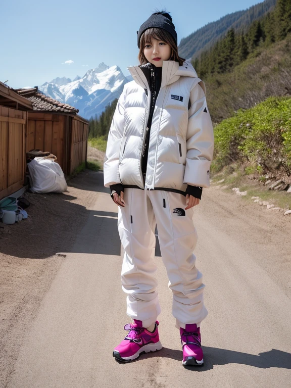 very detailed、masterpiece、Ski Resort Background、a woman in a (white down vest at northface):1.4, white puffer vest and black pants posing for a picture, model is wearing techtical vest, sportswear, sportswear, かわいいsportswear, nanocarbon-vest, white!!, white coat, tech wear women pictures, 2 techwear women, catalog photo, stylish coat for rave, full body photo, future inflatable jacket, Miko, Kim Woo
