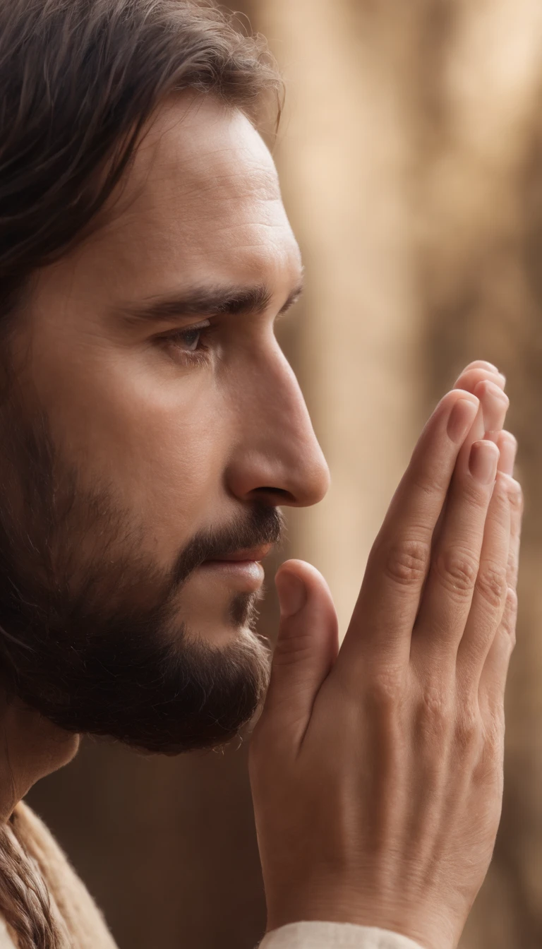 "Gerar uma imagem: Perfil de Jesus, Tight prayer hands."