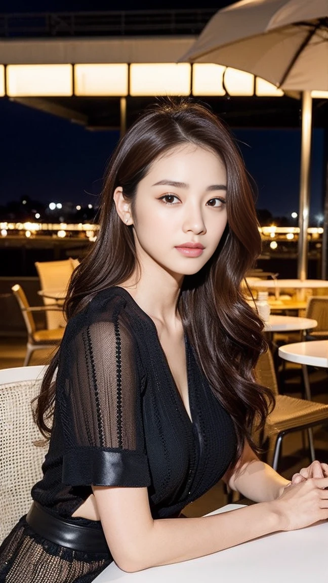 dark brown hair、Light brown eyes、Japanese actress face、 Lady、looks like him;I&#39;m about 40 years old、(intricate-detail:1.2)、(top-qual:1.4)、 (Super high resolution:1.2)、Super high resolution、(A detaled eye)、(detailed facial features)、ticker、8K resolution、D-cup size breasts、length hair、I am sitting on a chair on the terrace of a cafe with a view of the CELINE shop in Paris at night in the background.、Cafe terrace at night、full body photo、Photographed from head to toe、