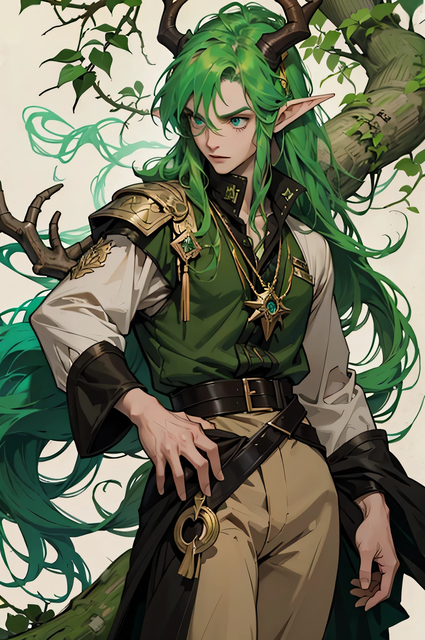 Dungeons and dragons, character reference, male satyr, rogue, antlers, forest, long hair, green hair, fantasy, elf ears, vines