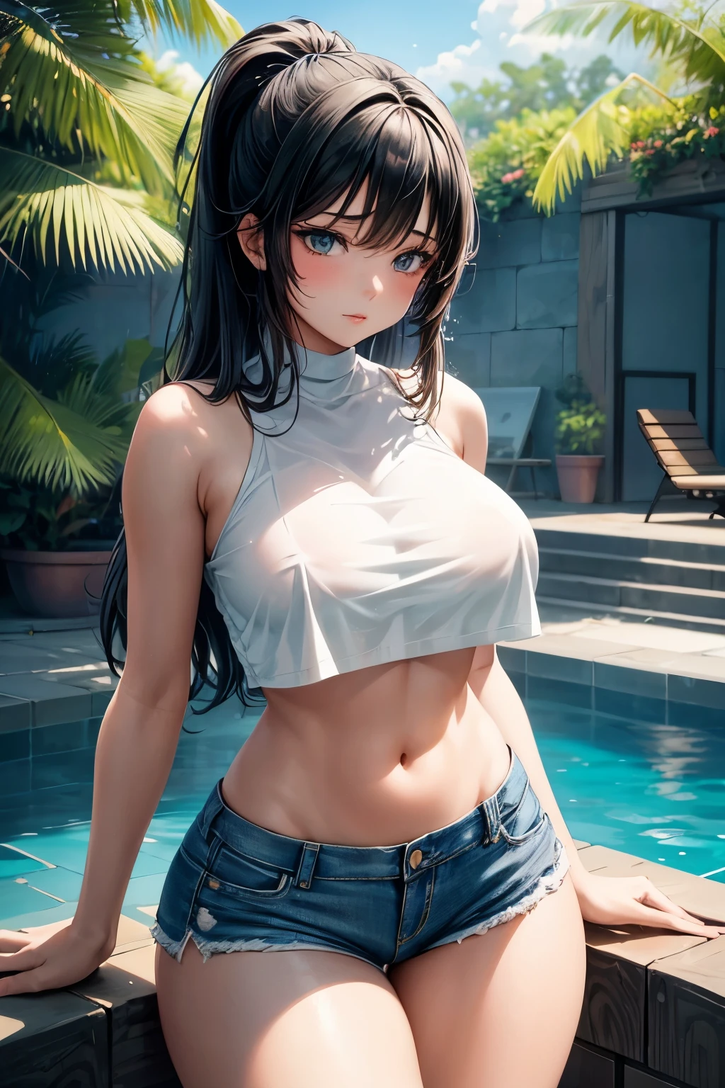 A solo girl, adorned in a crop top and micro denim shorts, takes center stage in this modern adult anime style artwork. Her flat chest contrasts with her big booty and thick thighs, as she expresses a seductive and sensual pose. With her hands casually placed behind her back, her waist creates a pronounced cameltoe effect. The sun-kissed scene unfolds in and around a crystal-clear pool, with strong lineart and soft painting techniques employed to bring the image to life in high definition. Indulge in the vivid details of her sexual expression and sensual pose, as she exudes confidence and allure in every line and curve.