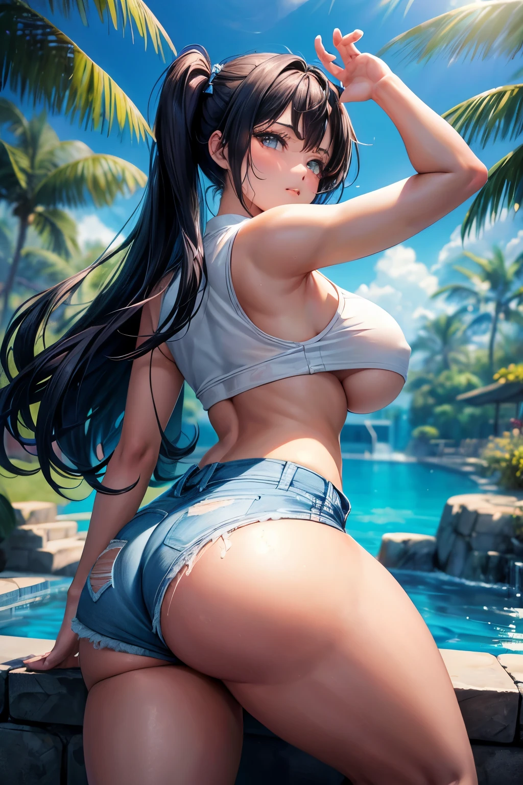 A solo age girl, adorned in a crop top and micro denim shorts, takes center stage in this modern adult anime style artwork. Her flat chest contrasts with her big booty and thick thighs, as she expresses a seductive and sensual pose. With her hands casually placed behind her back, her waist creates a pronounced cameltoe effect. The sun-kissed scene unfolds in and around a crystal-clear pool, with strong lineart and soft painting techniques employed to bring the image to life in high definition. Indulge in the vivid details of her sexual expression and sensual pose, as she exudes confidence and allure in every line and curve.