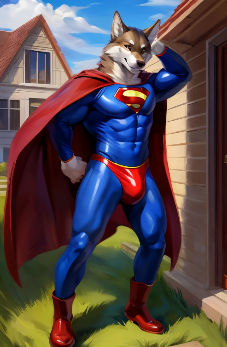 full hd, hi res, solo, male, brown fur color, wolf, muscular, tired expression, bedroom eyes, licking lips, tight spandex bodysuit, superman costume, (solo: 1.1), (detailed), (masterpiece: 1.2), (fullbody), red long cape, red speedo, red boots, bulge, masturbating, detailed bulge, erection under the costume, precum through clothing, tail raised, by chunie, at house backyard